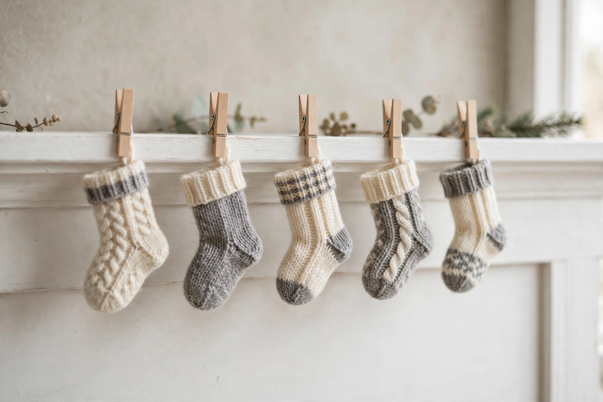 Small cream and grey knit stockings hanging in a row on a white mantel.