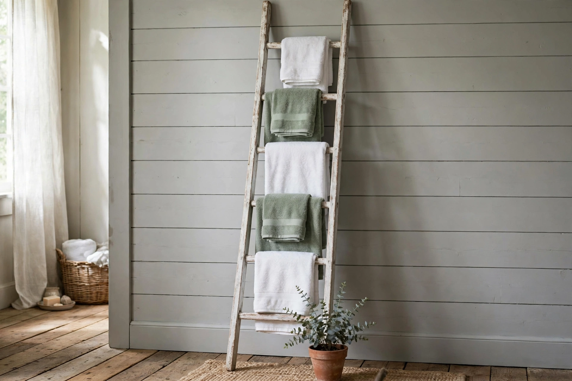 Wooden leaning ladder towel rack with folded white and sage towels against a bathroom wall