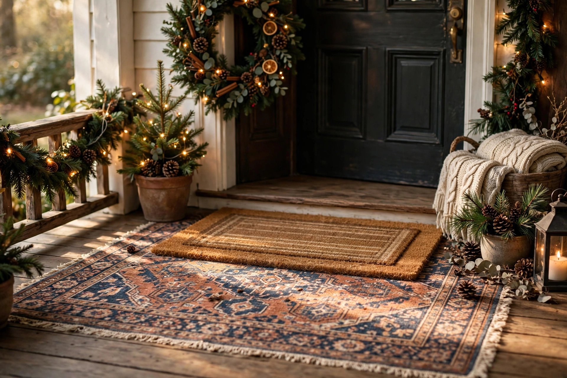 Layered doormat look — Christmas door idea