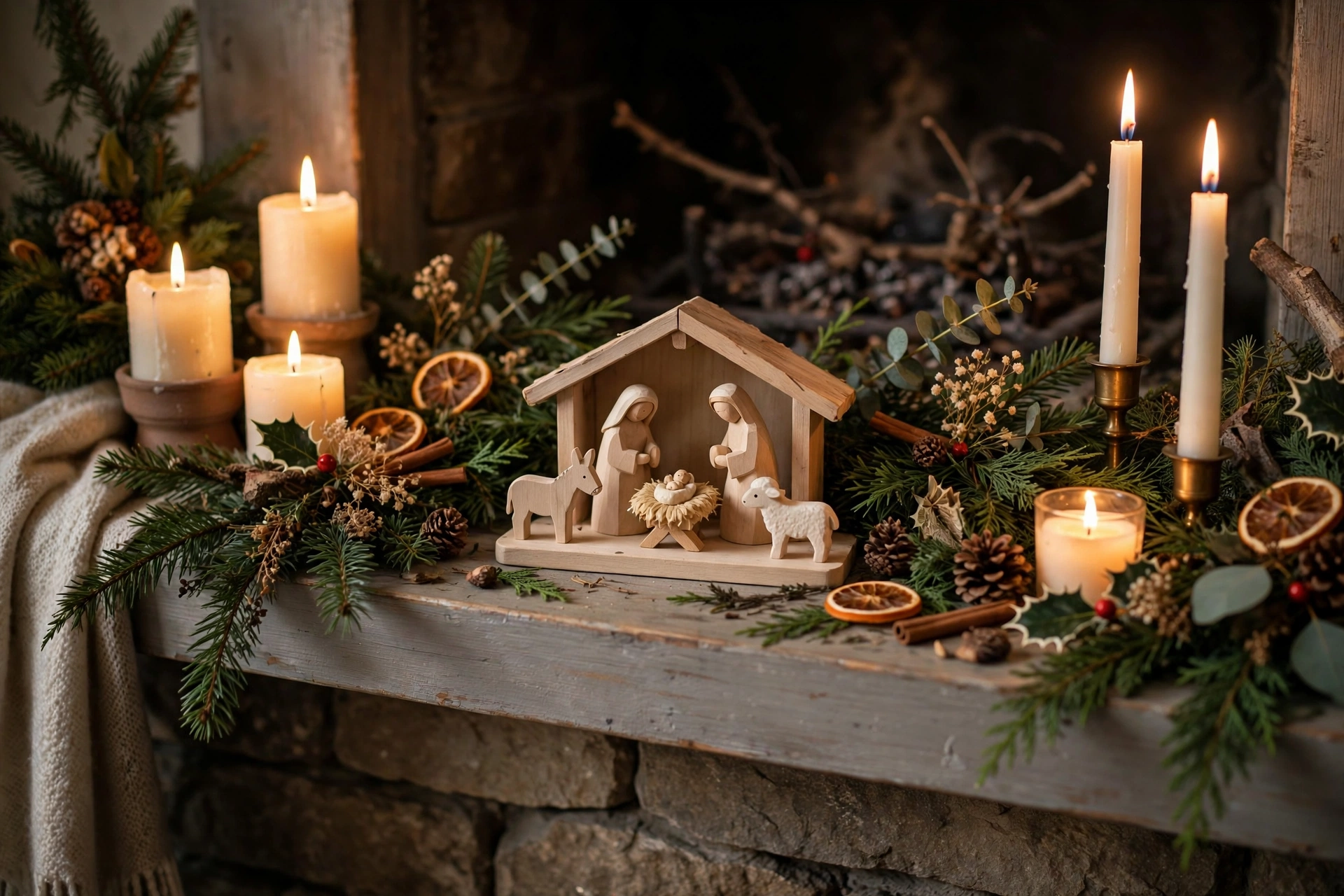 Small wooden nativity scene displayed on a mantel surrounded by candles and greenery.