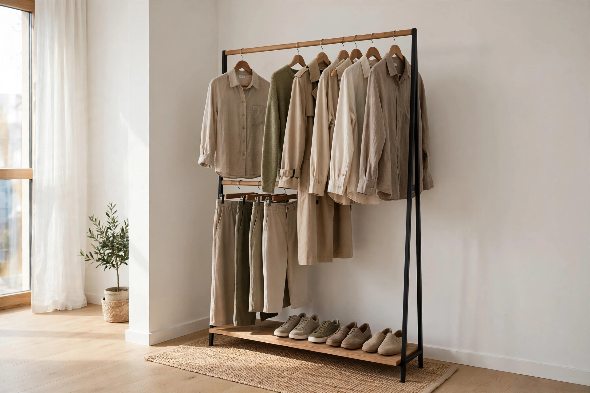 A minimalist open clothing rack with neatly hung clothes in a bright studio apartment corner