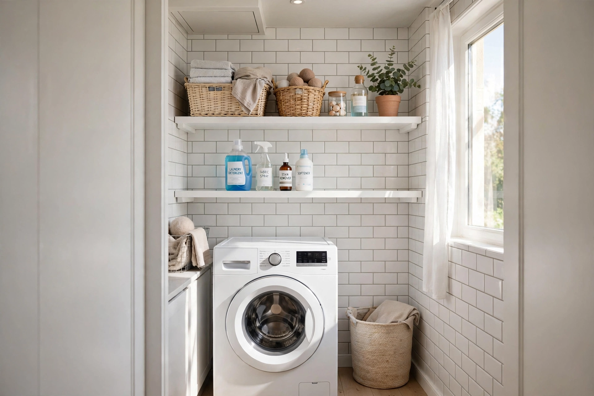 Open wall shelves — small narrow laundry room idea
