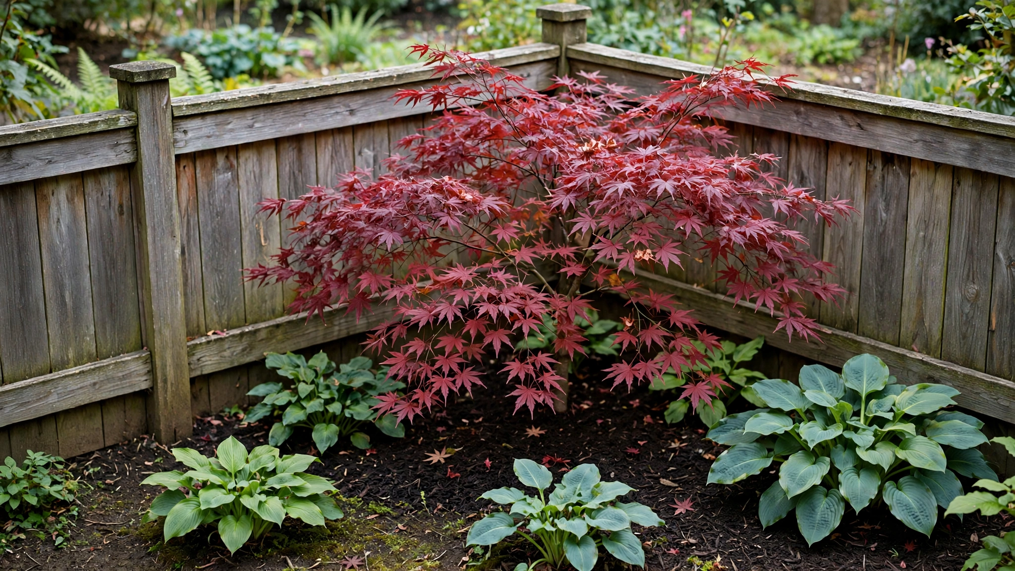 A Japanese maple with red foliage planted at a fence corner, surrounded by hostas and mulch.