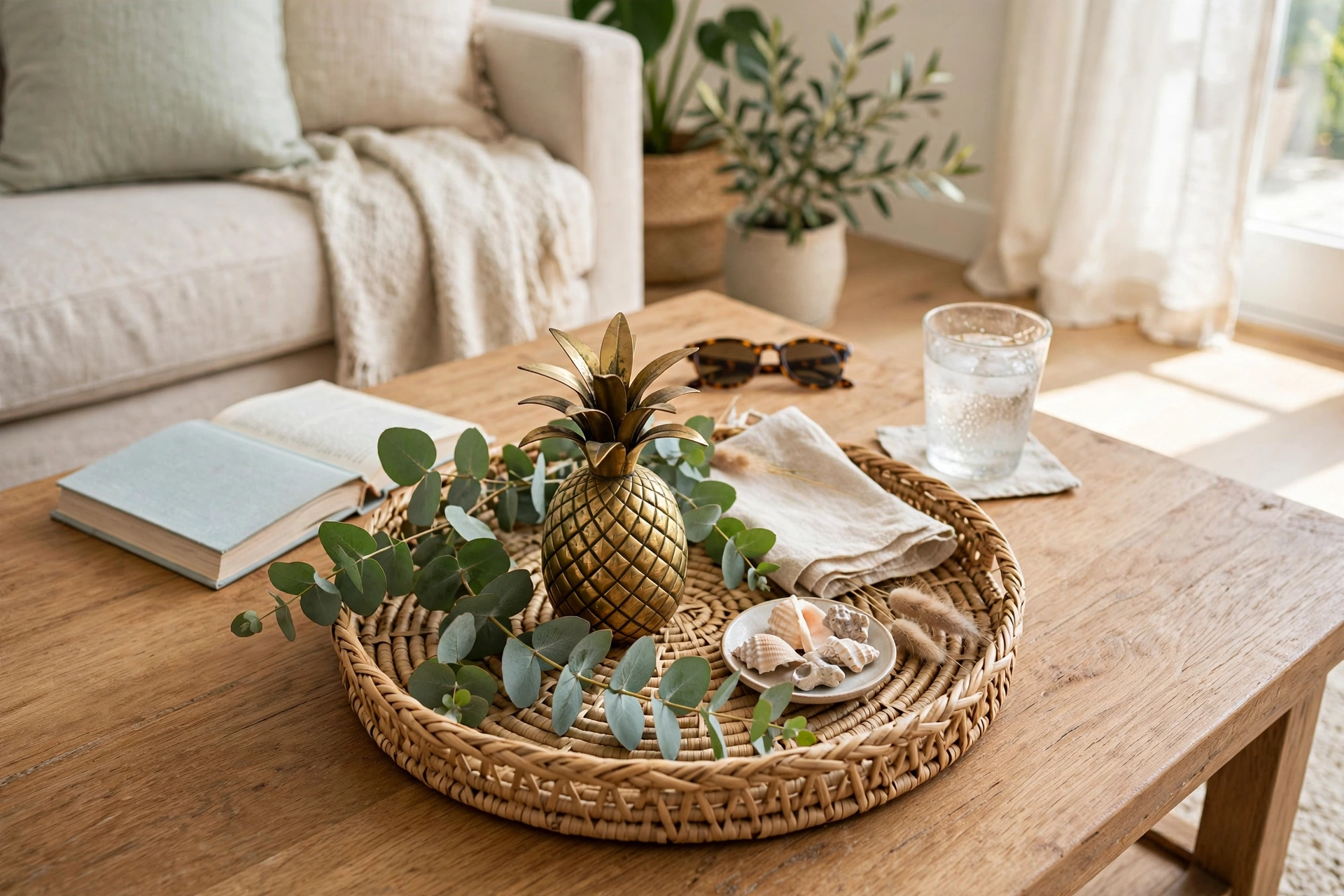 Small brass pineapple decor piece on a woven tray with eucalyptus sprigs on a coffee table in a bright living room.