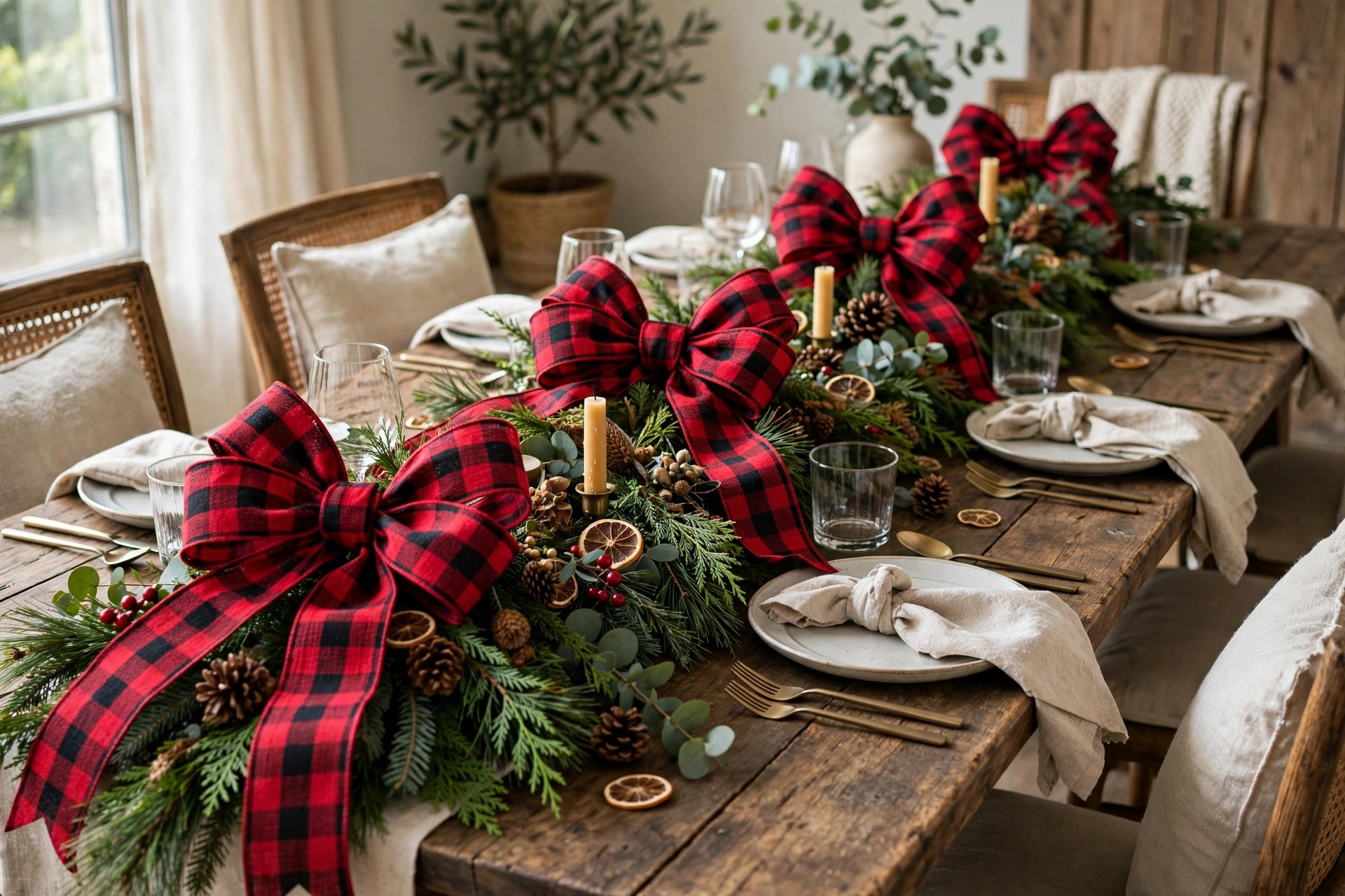 Pine garland runner with oversized red plaid bows tied along a dining table.