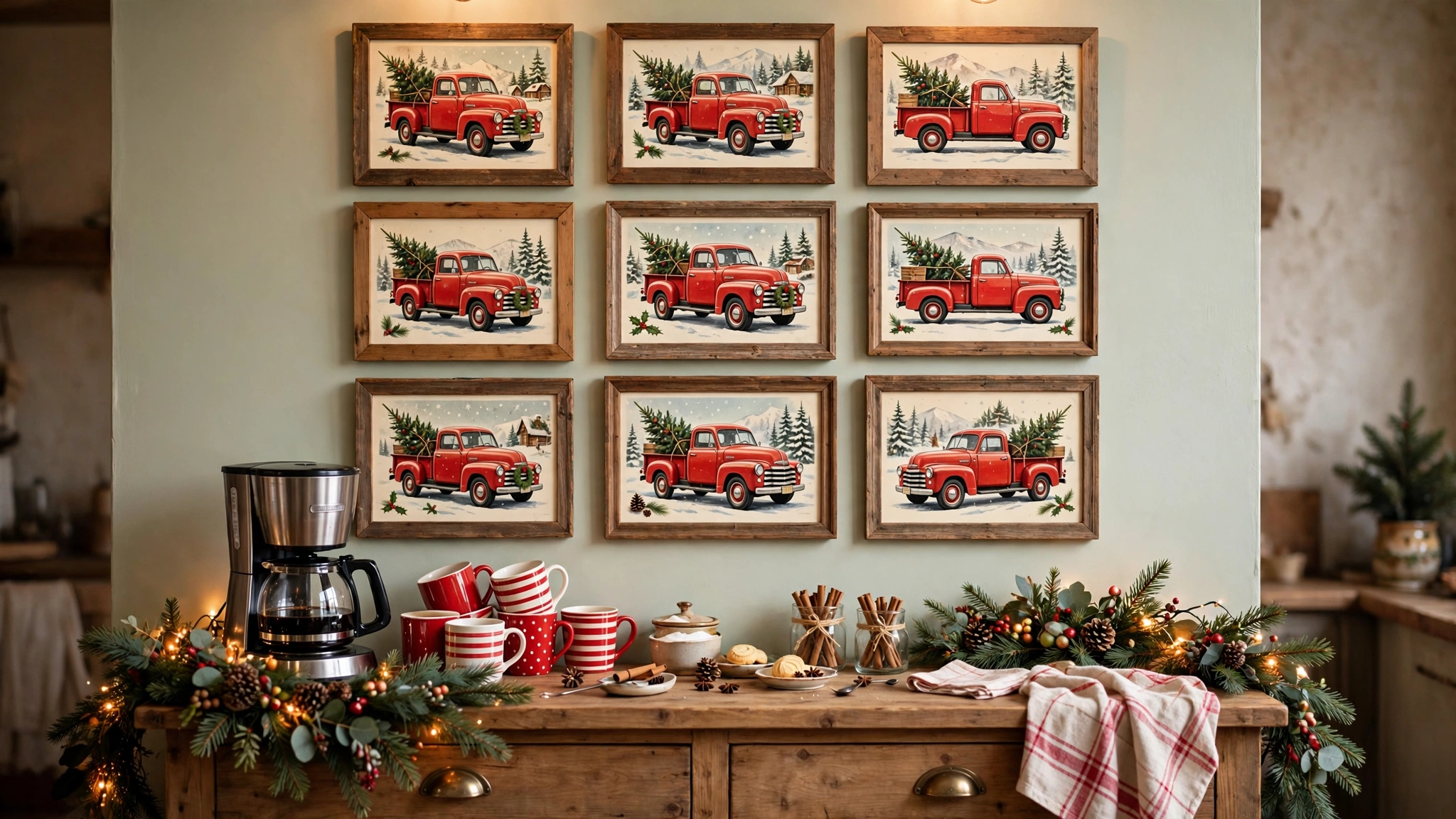 Coffee bar under gallery wall of red truck Christmas prints
