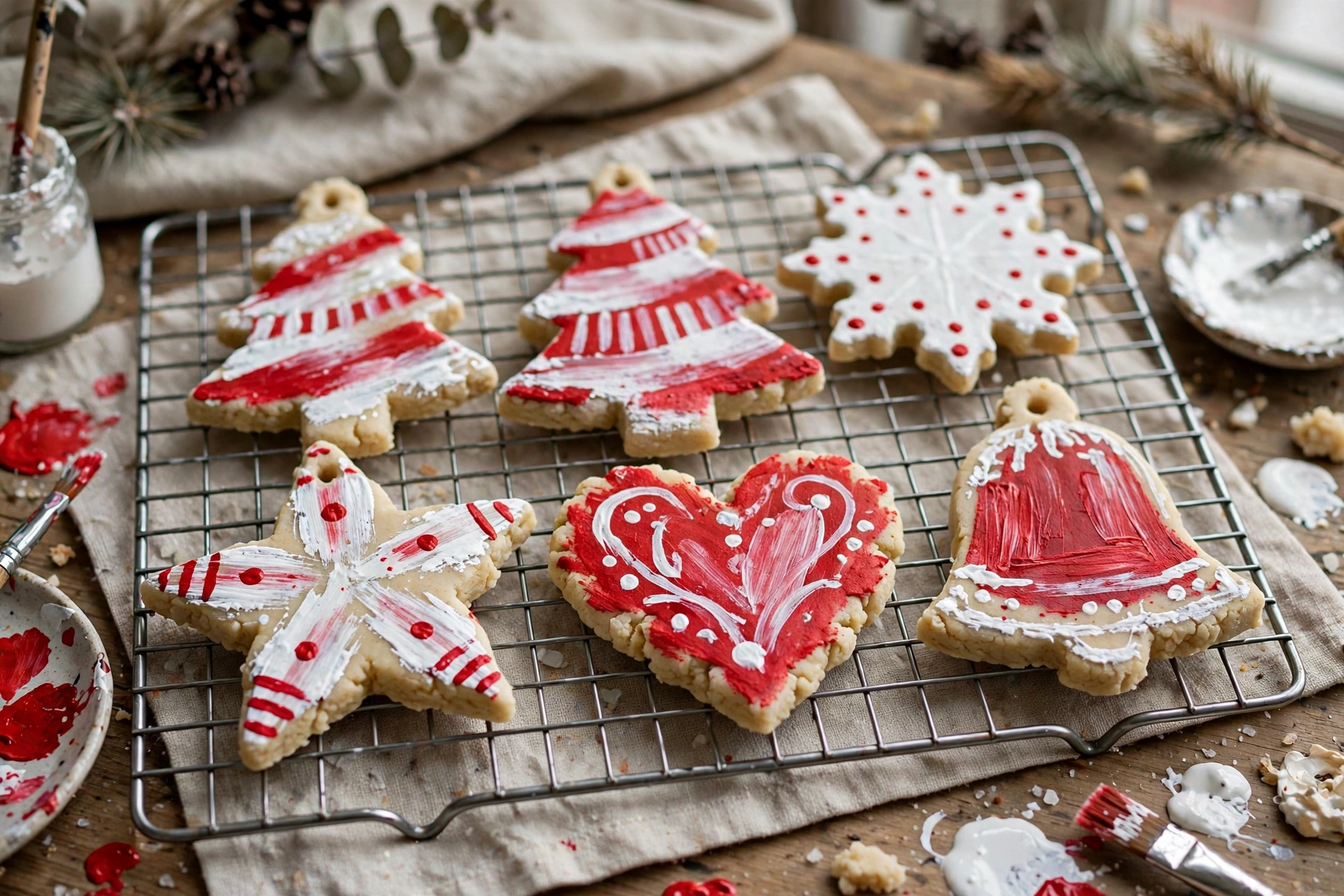 Painted salt dough Christmas ornaments in cookie-cutter shapes drying on a baking rack.