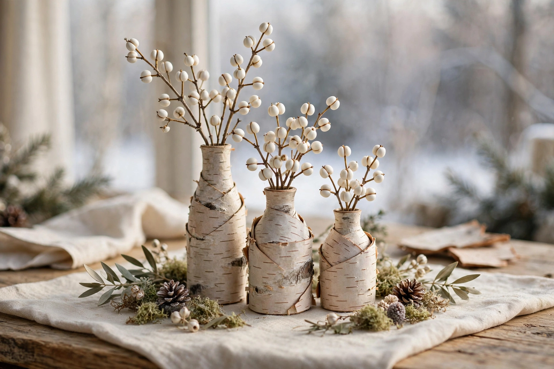 Silver birch bark vases with white berry stems on a table