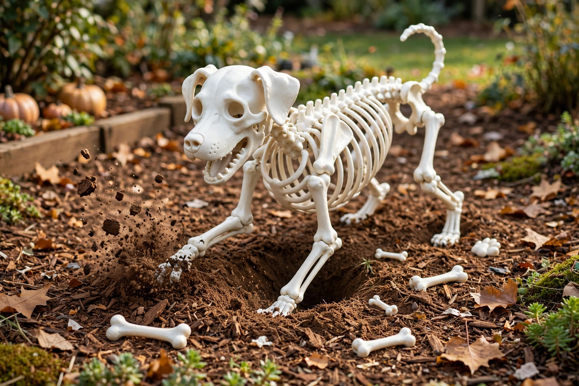 Skeleton dog posed mid-dig in a mulch bed with scattered plastic bones.