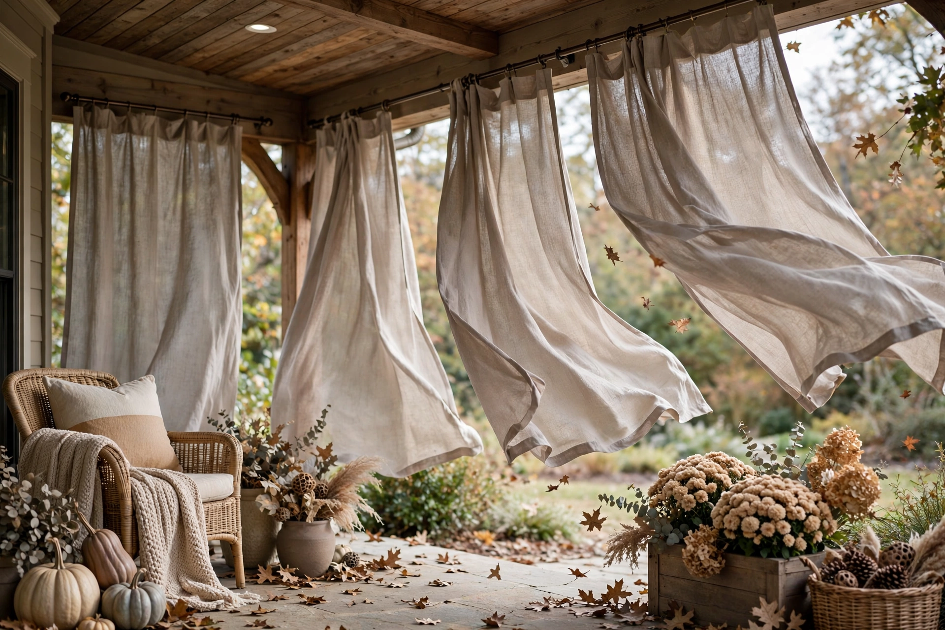 Soft taupe outdoor curtain panels hung on a covered porch.