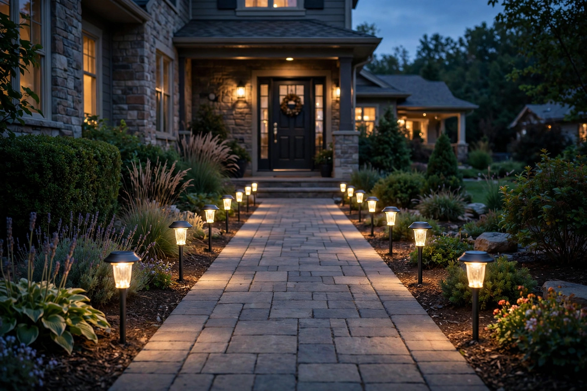 Front walkway lined with glowing solar path lights at dusk.