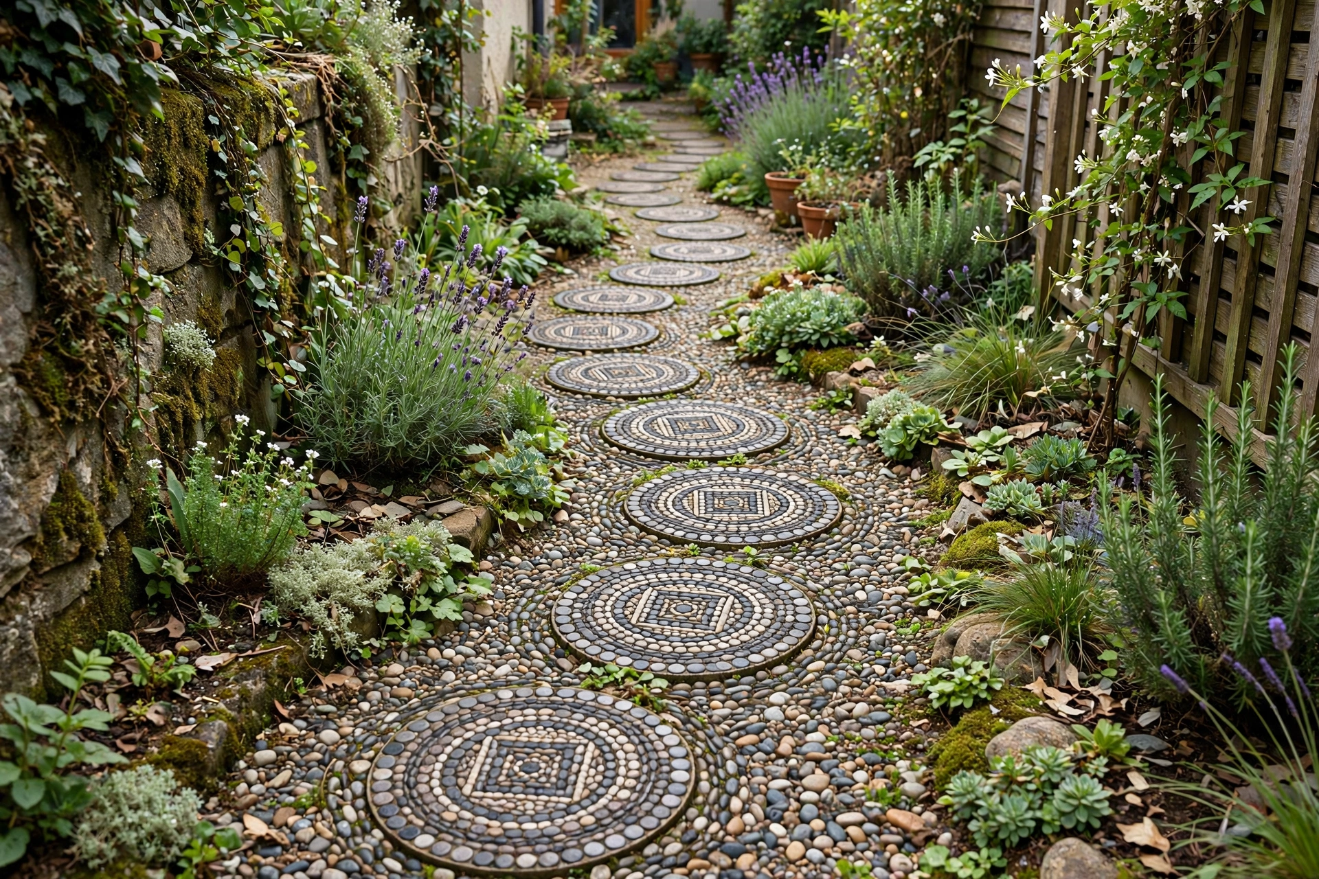 Stepping stone mosaic path with round stones set in pebbles winding through a narrow side yard garden.