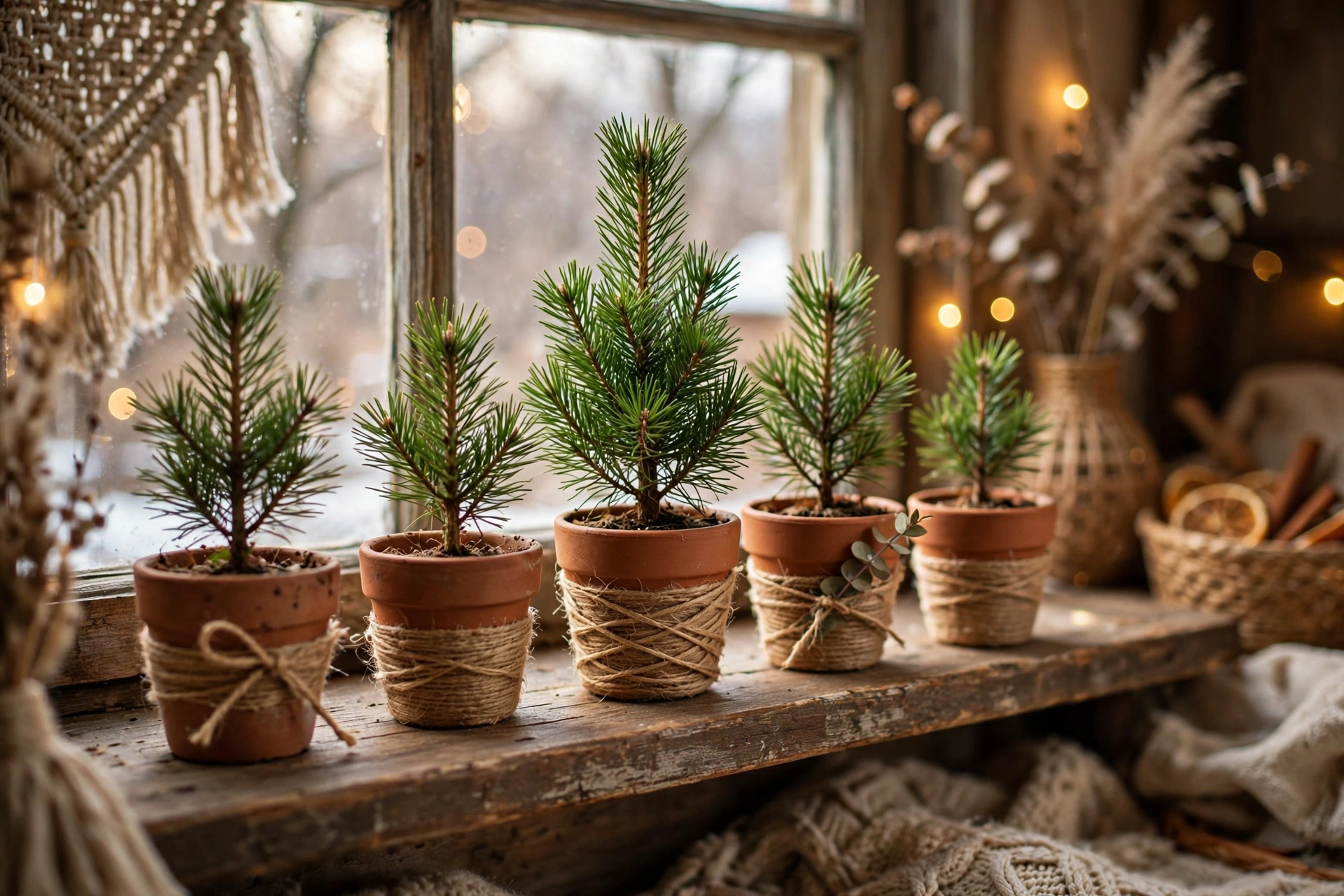 Mini pine trees in terracotta pots arranged on a wooden windowsill