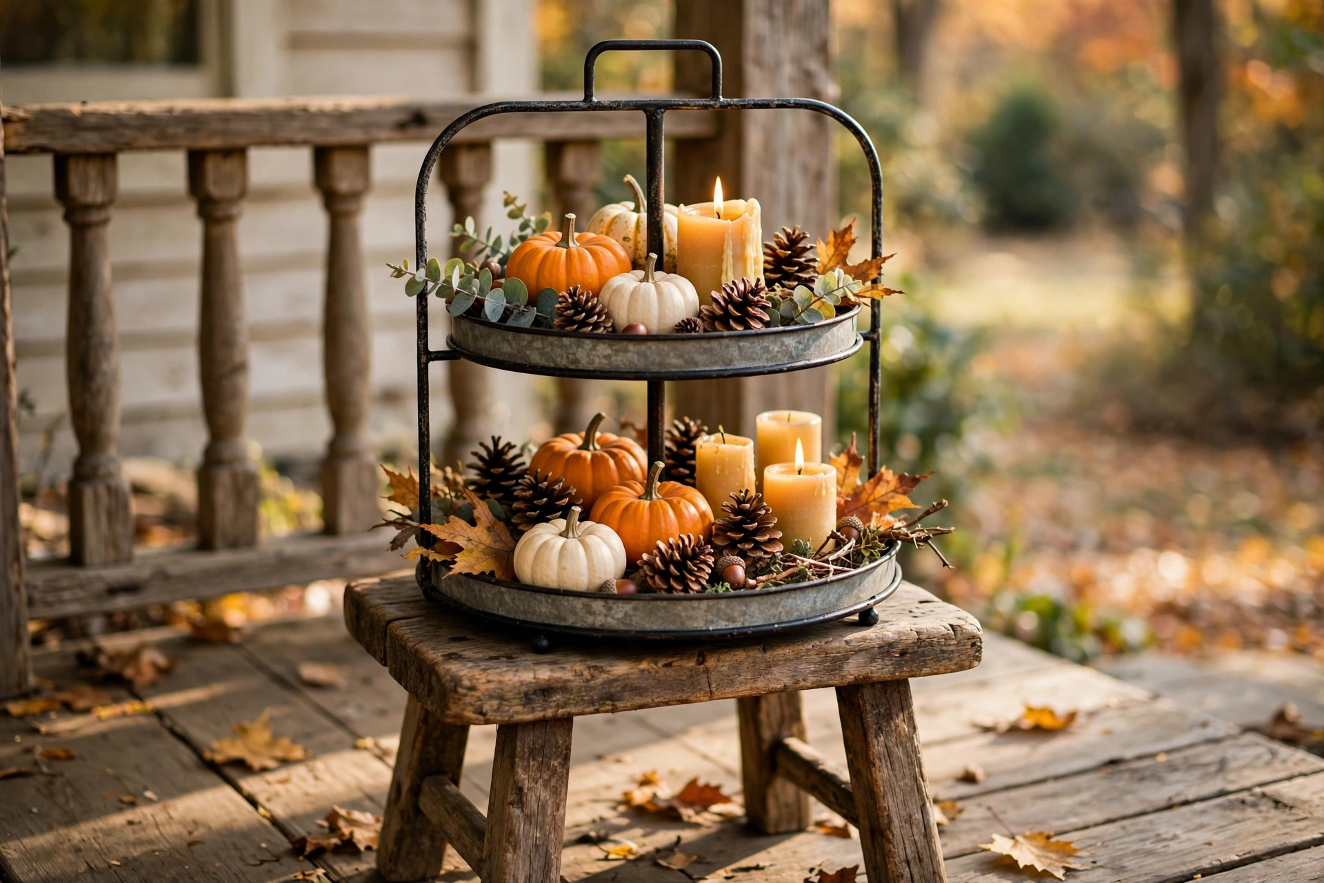 Two-tiered tray styled with mini pumpkins and candles on a porch stool.