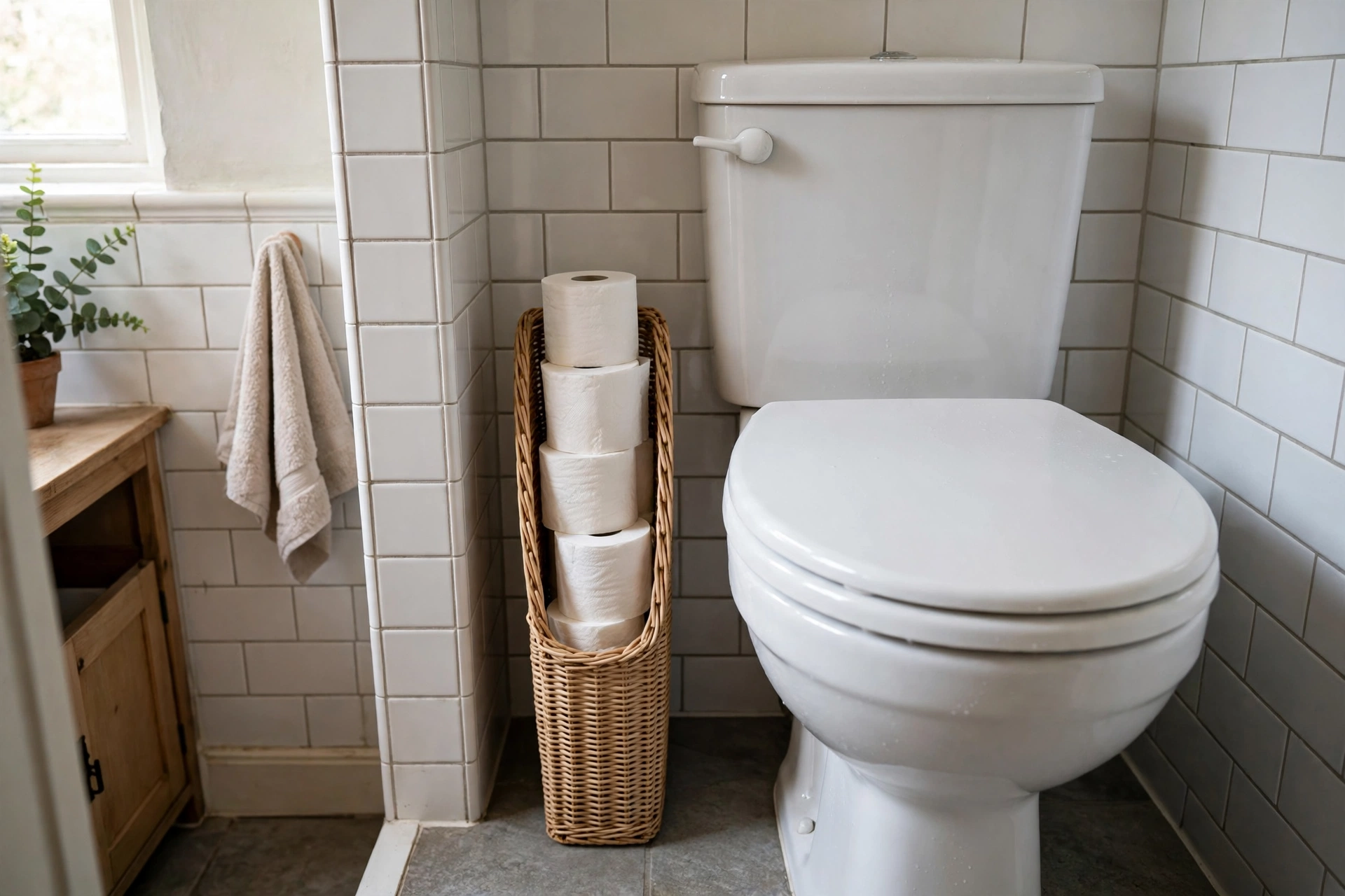 A slim woven basket beside a toilet in a small bathroom holding rolled toilet paper, realistic photo, no text