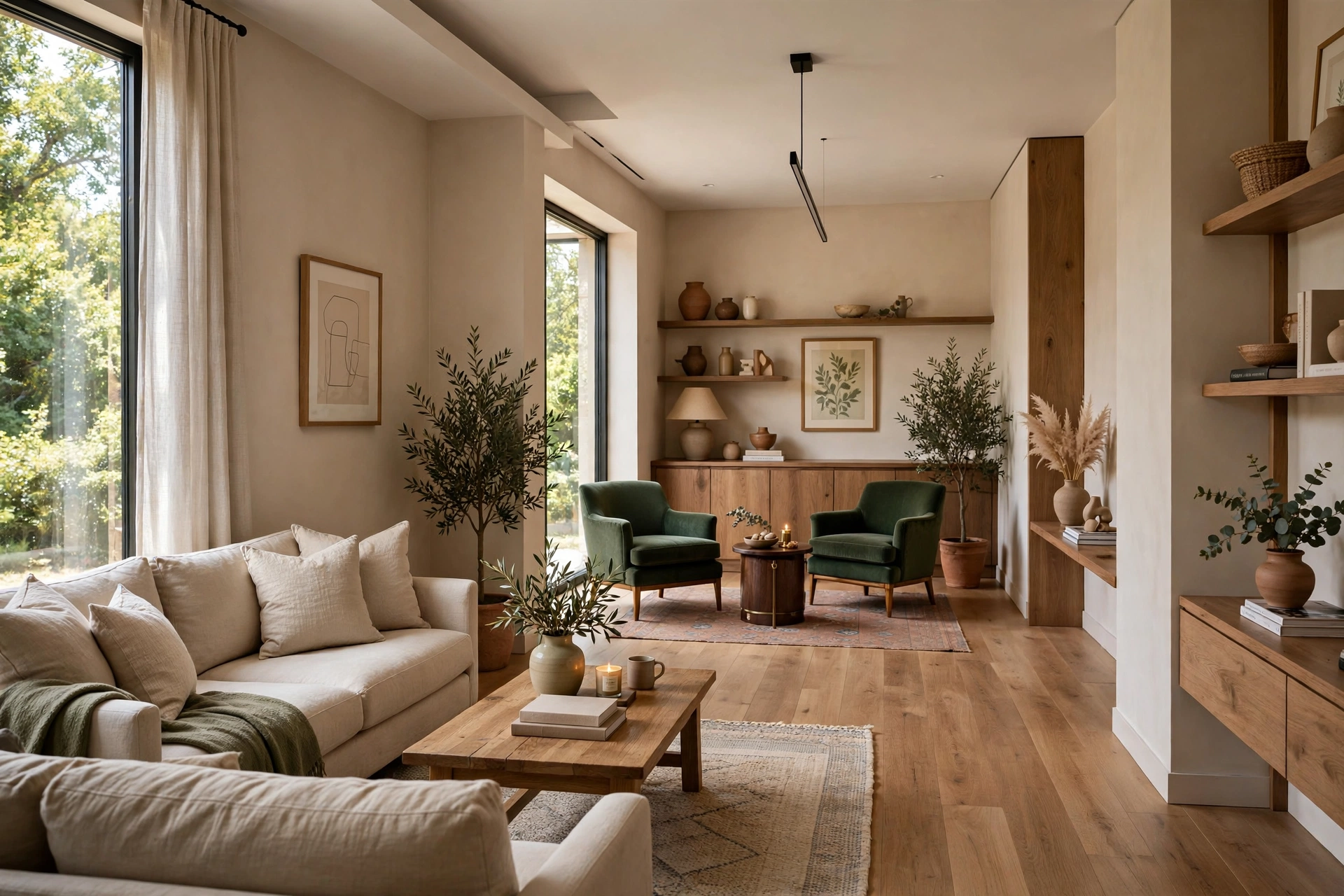 Two conversation zones — narrow living room idea
