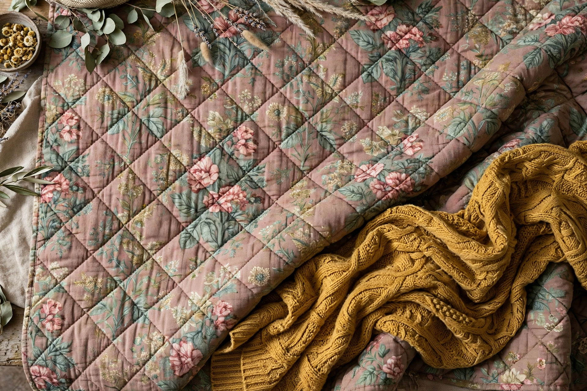 Vintage floral quilt in dusty rose and sage with a mustard knit throw.