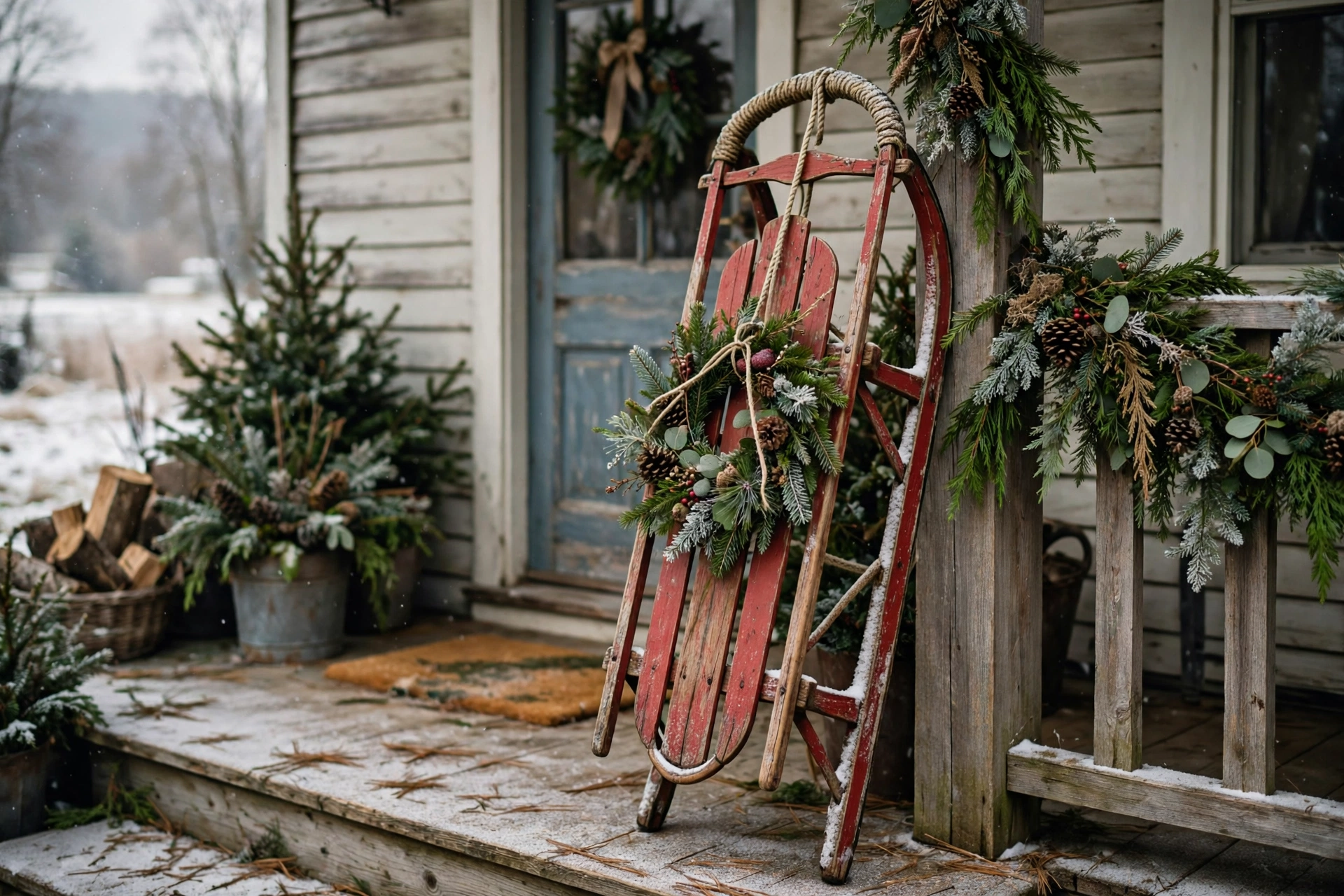Vintage red wooden sled propped on a farmhouse porch decorated with a wreath and greenery.