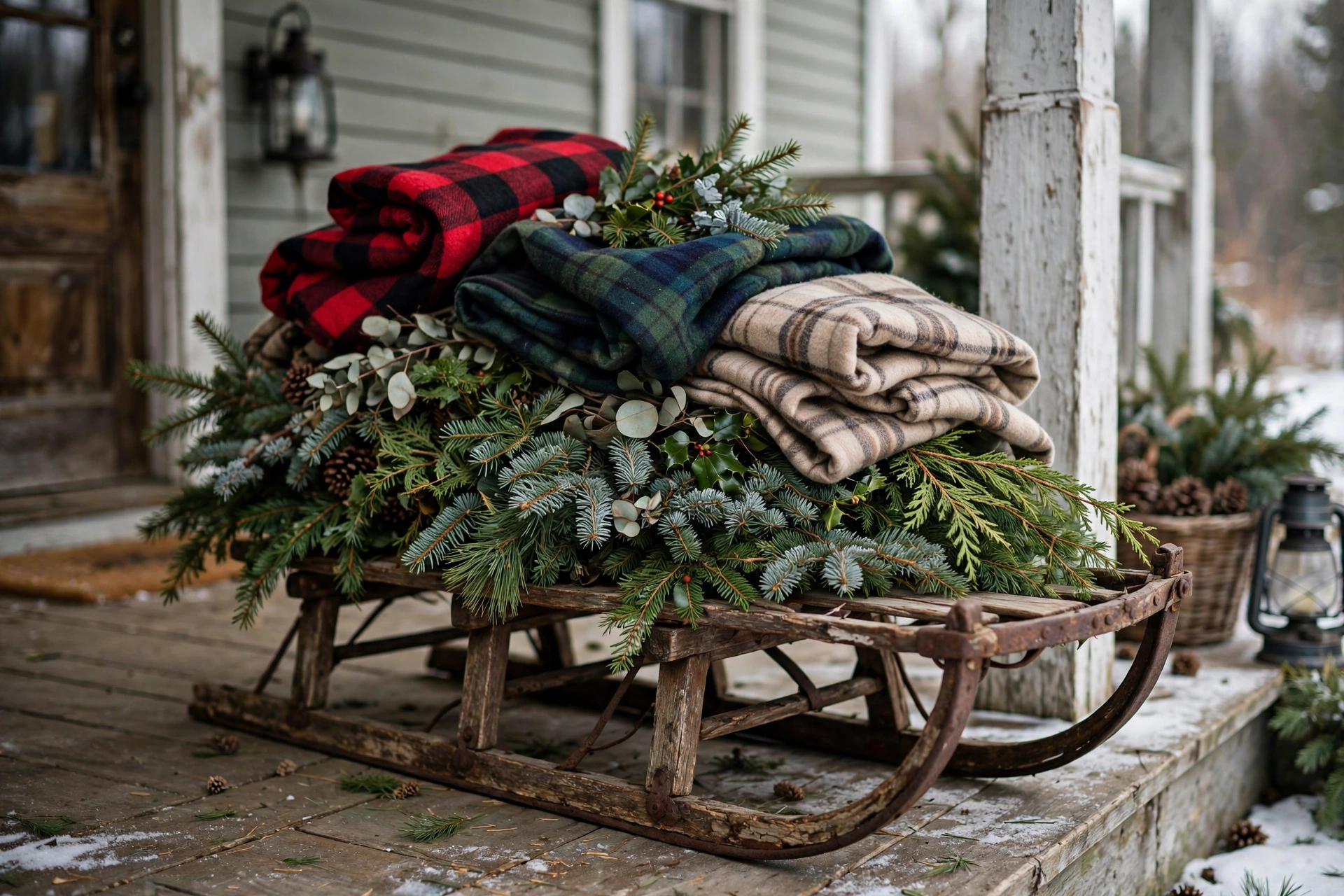 Vintage wooden sled piled with evergreen boughs and plaid blankets on a porch.