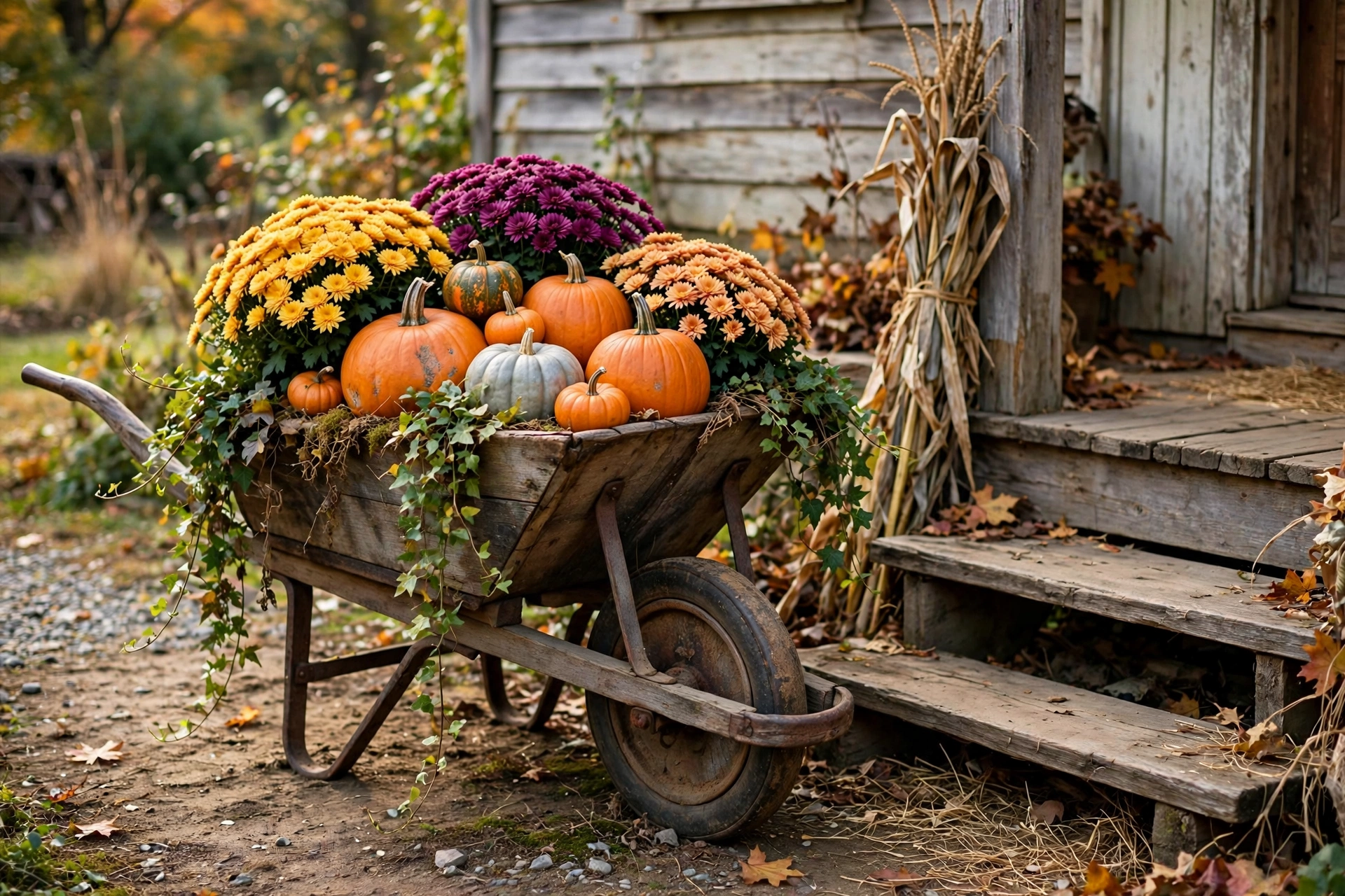 Vintage wooden wheelbarrow filled with pumpkins, mums, and ivy.