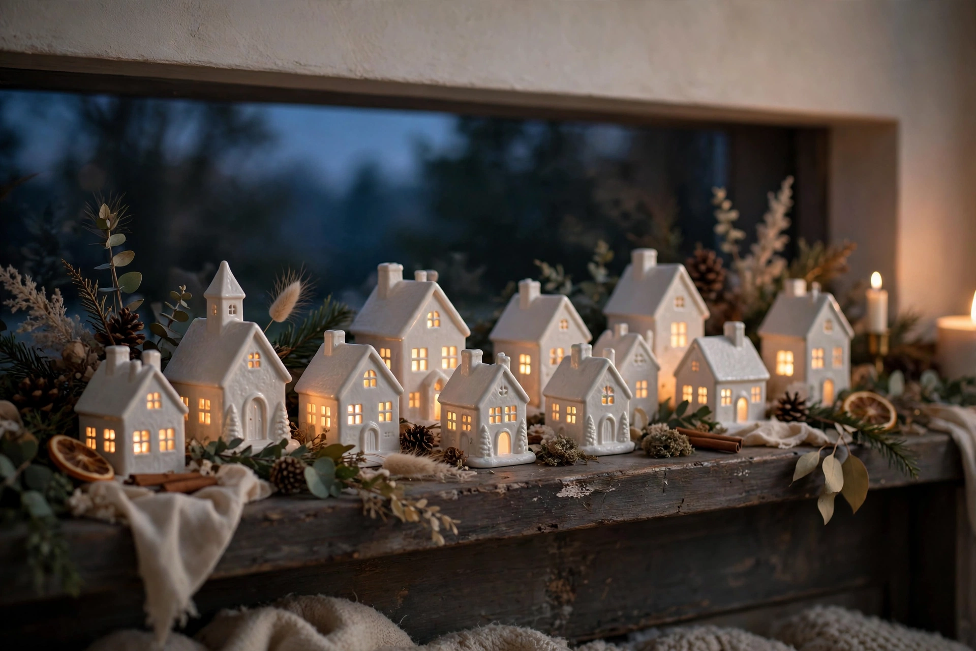 White ceramic village houses with glowing windows lined along a mantel at dusk.