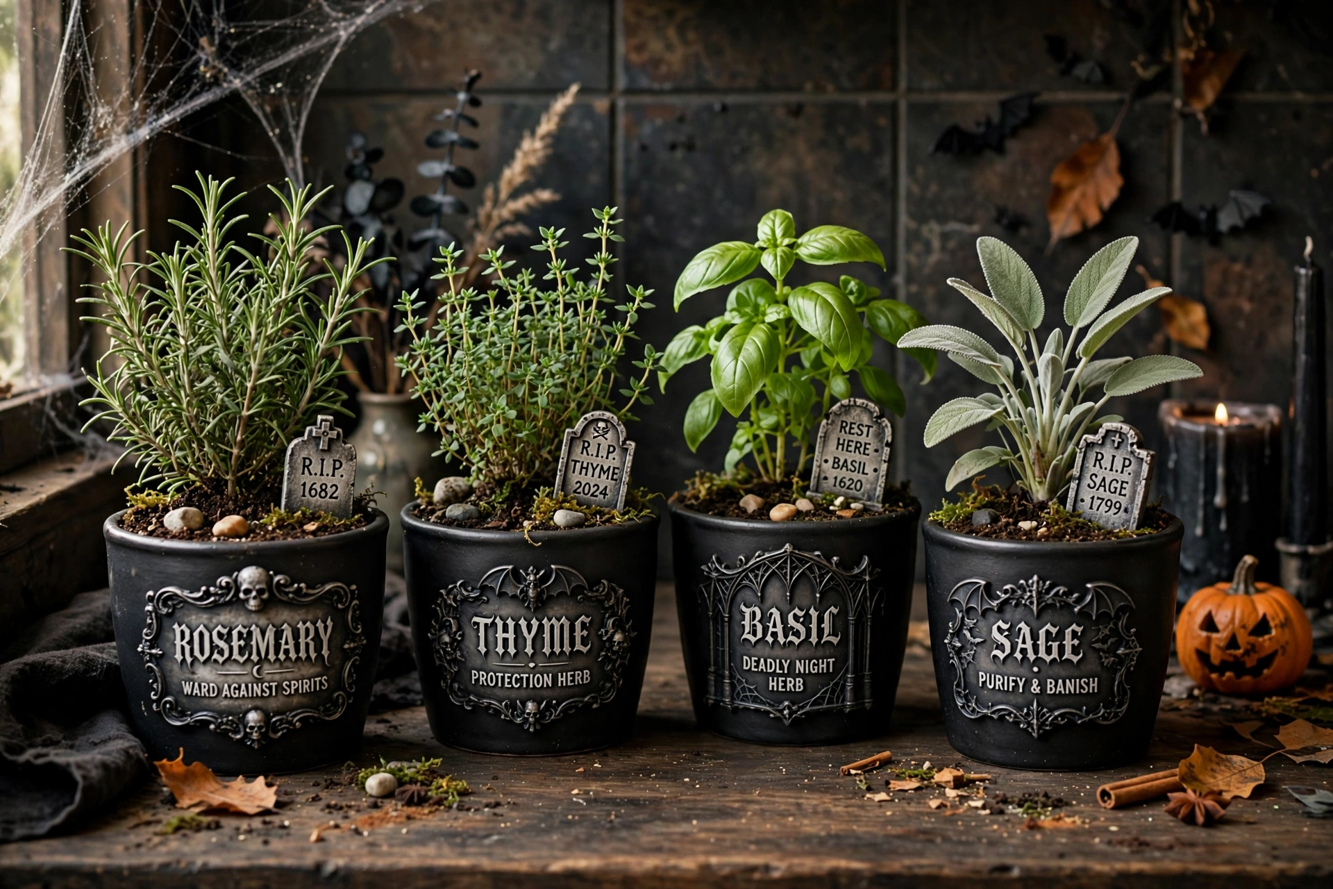 Kitchen herb pots with gothic labels and tiny tombstone markers in the soil.