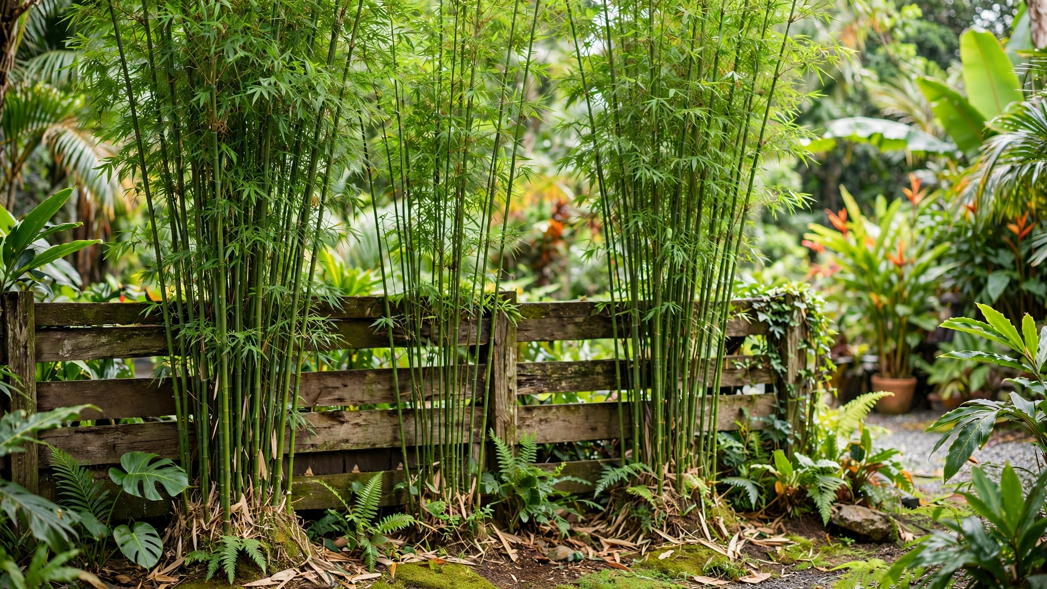 Tall green clumping bamboo growing in front of a wooden fence, tropical backyard feel.