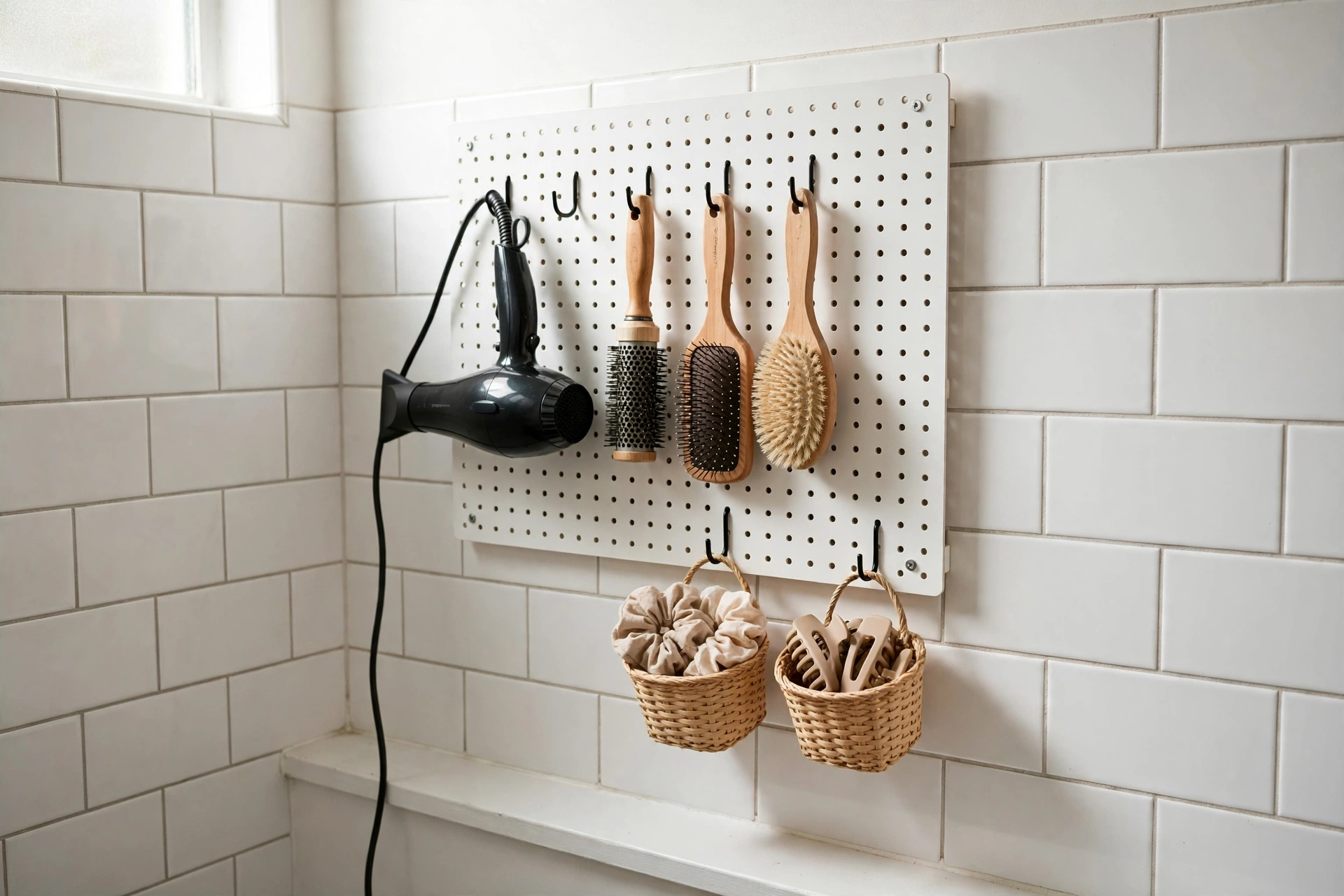 A white pegboard on a small bathroom wall with hooks holding hair dryer, brushes, and small baskets, realistic photo, no text