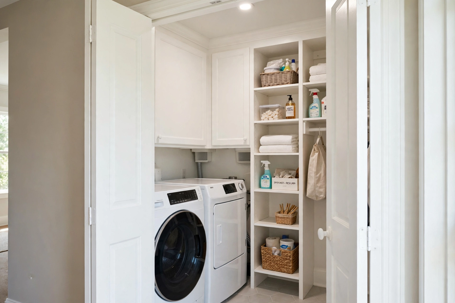 Bifold doors with built-in storage — small narrow laundry room idea