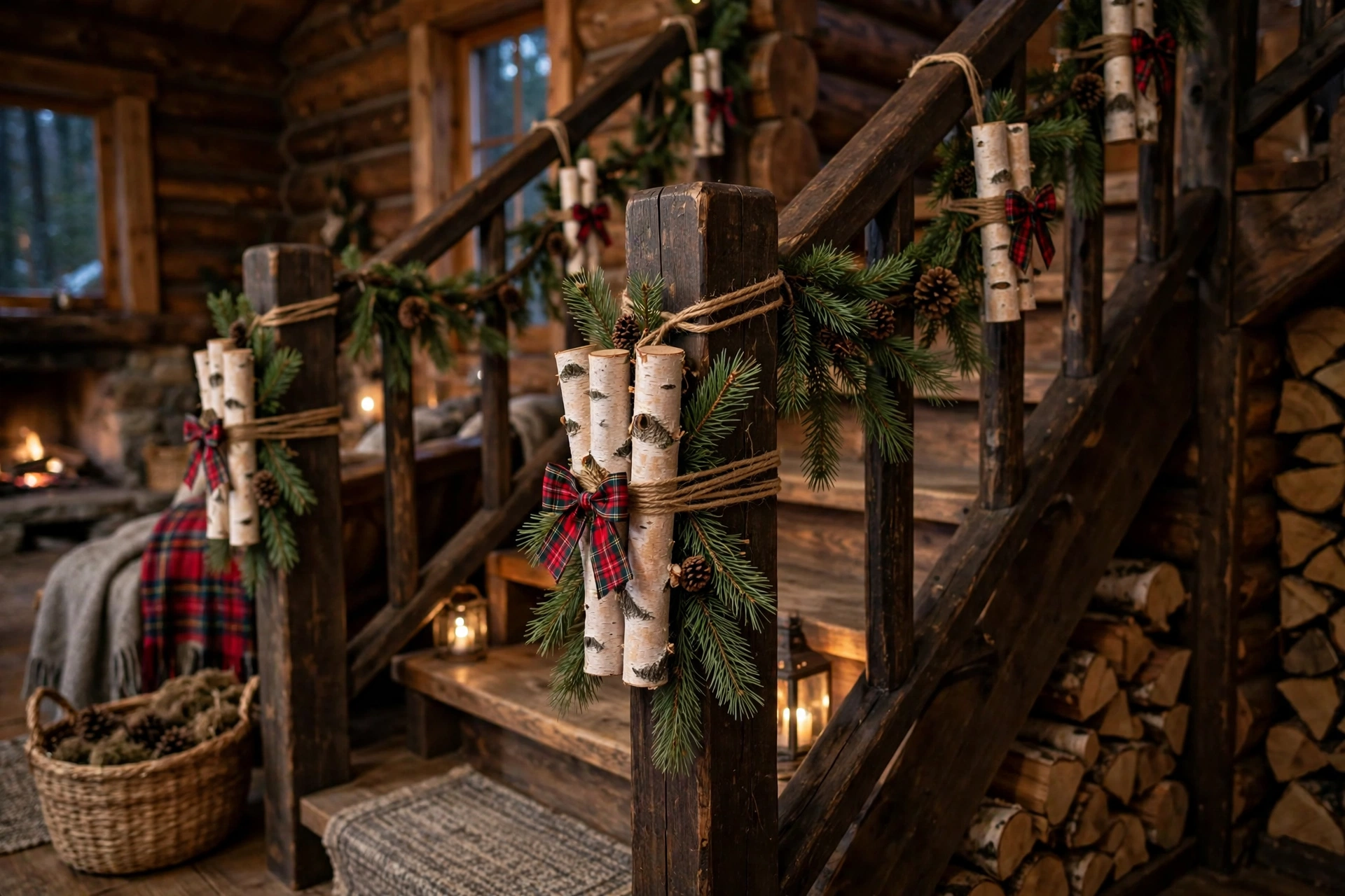 Newel posts decorated with birch log pieces, twine, and pine sprigs in rustic style.