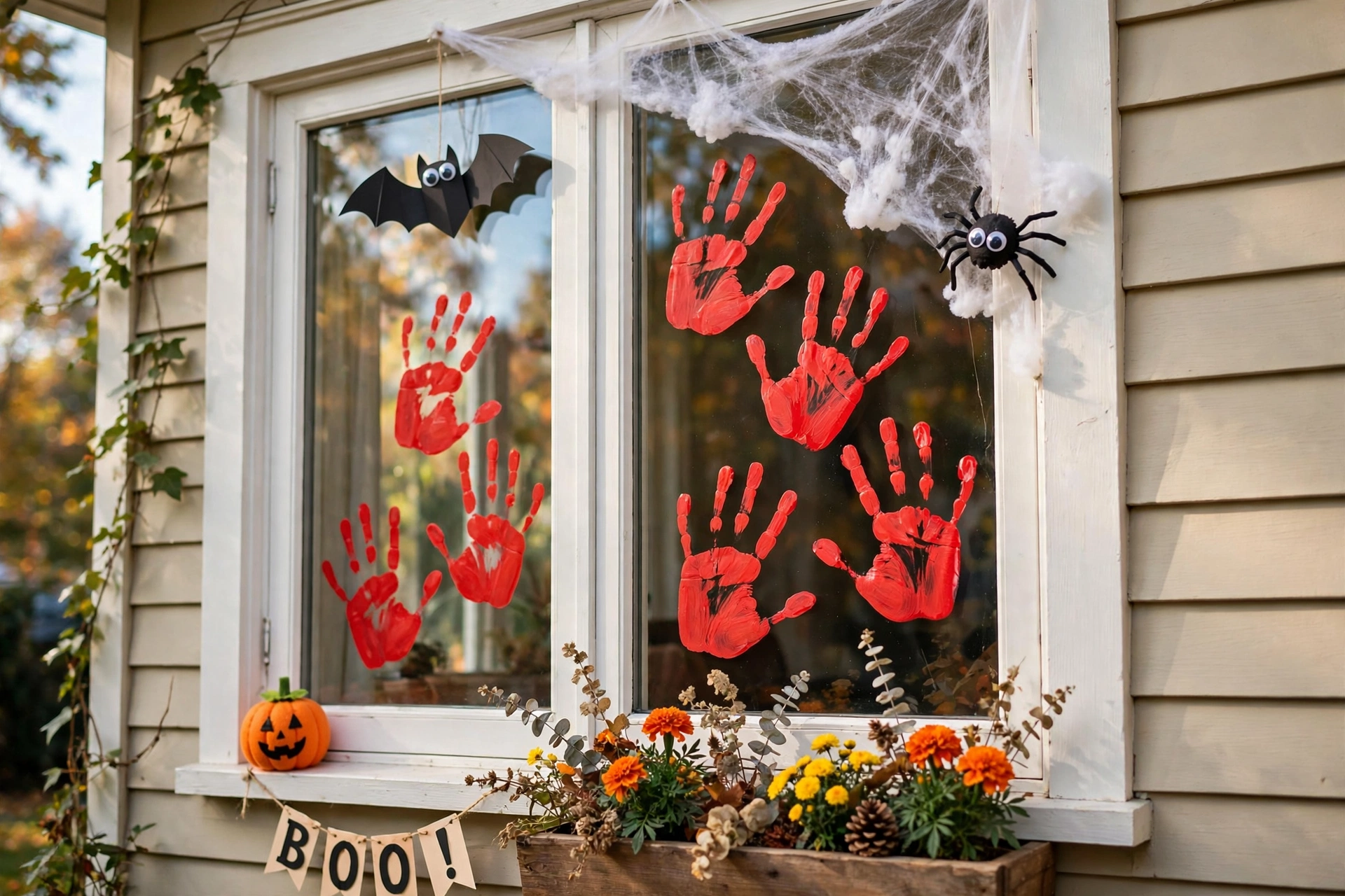 Red painted handprints and drag marks stamped across house windows at dusk.