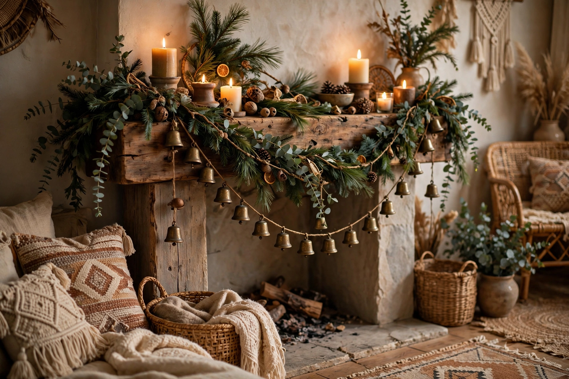 A garland of small aged brass bells draped across a wooden mantel with greenery