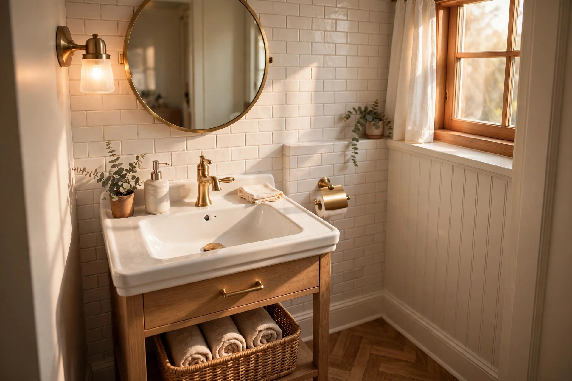 Brass fixtures in a small bathroom — small bathroom decor idea