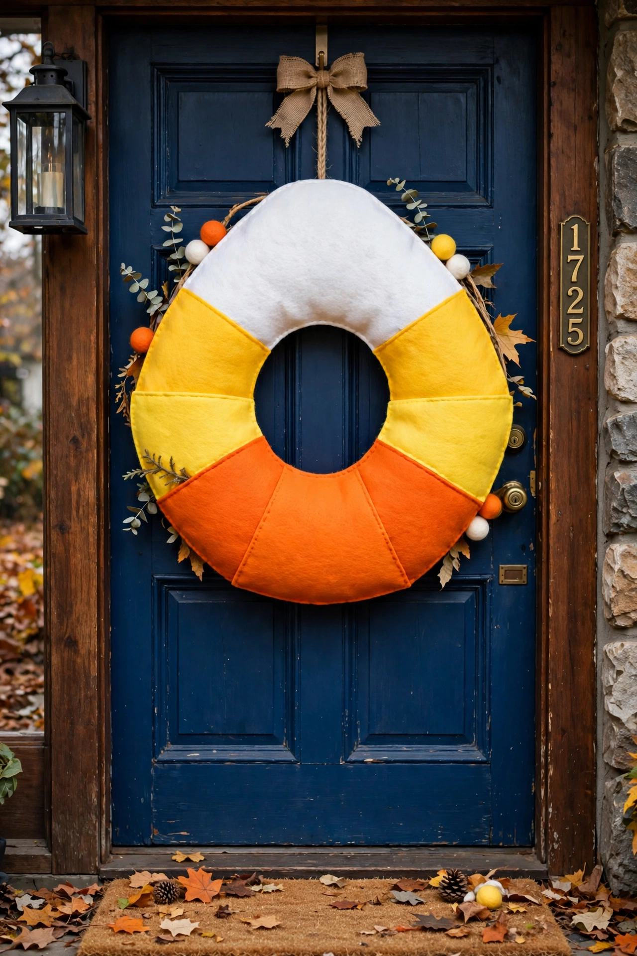 Bold candy corn color block felt wreath in orange yellow and white on a door.