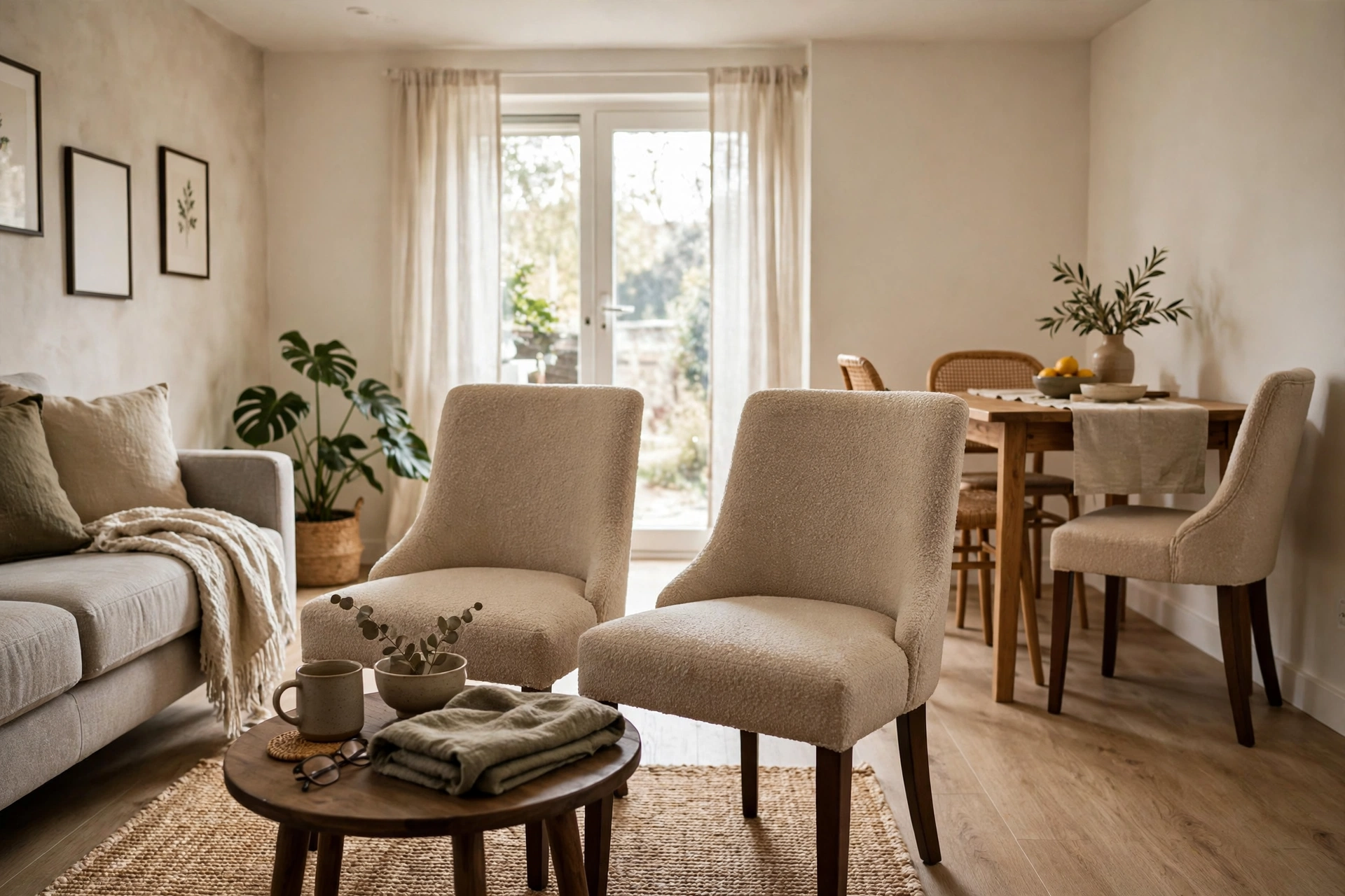 Dining chairs pulled up to a coffee table as extra living room seating.