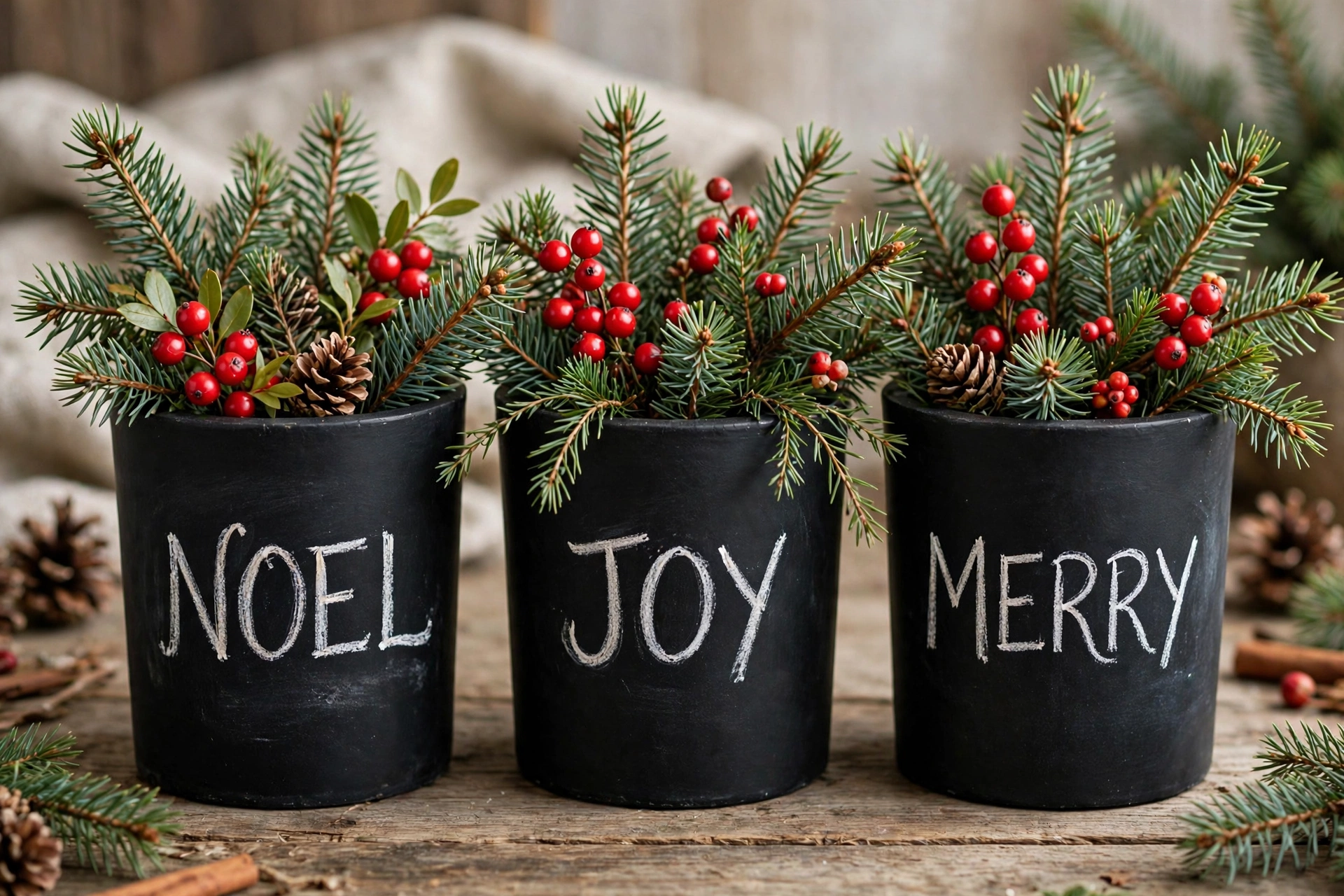 Three black chalkboard pots labeled with holiday words, filled with spruce and berries.