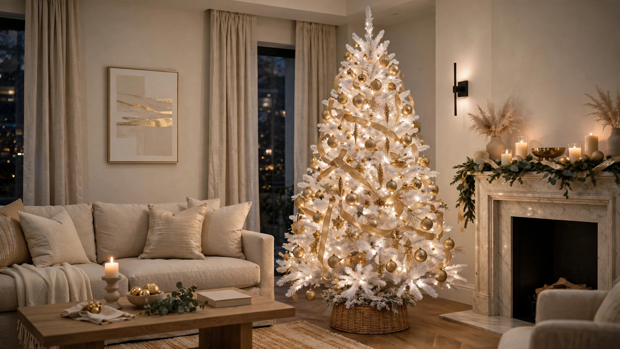 A white Christmas tree decorated with champagne gold ornaments and ribbon in an elegant living room.