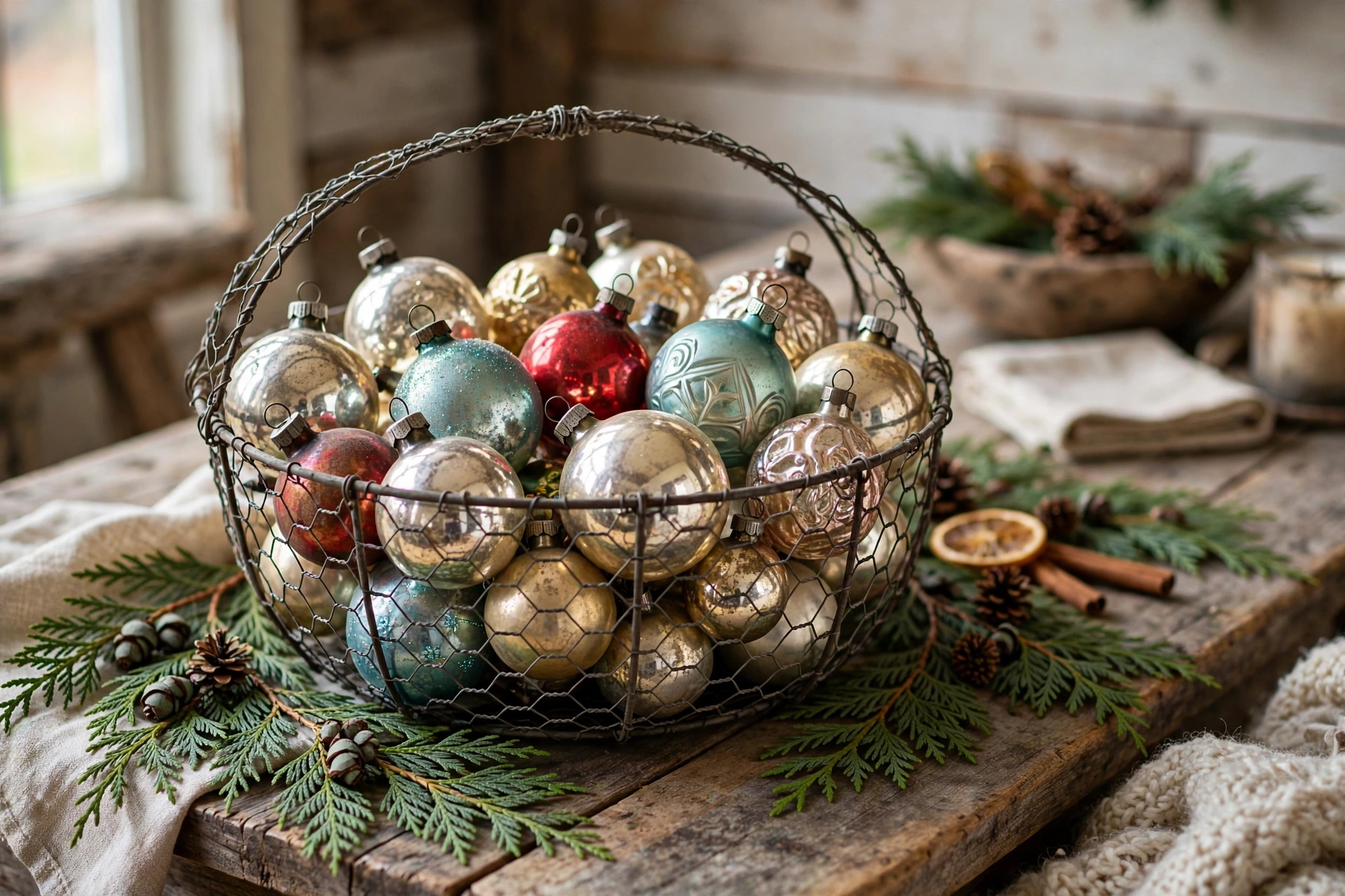 Chicken wire basket filled with vintage glass Christmas ornaments on a farmhouse coffee table.