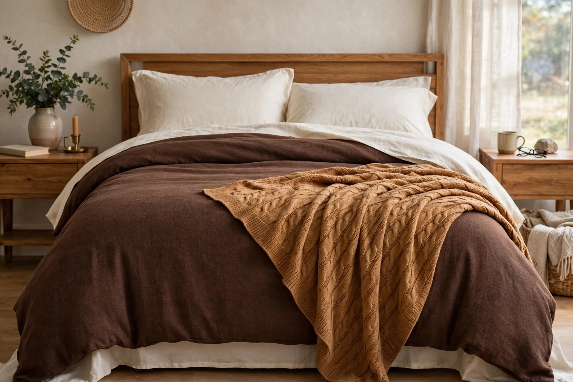 Chocolate brown duvet with ivory sheets and a caramel throw on a bed.