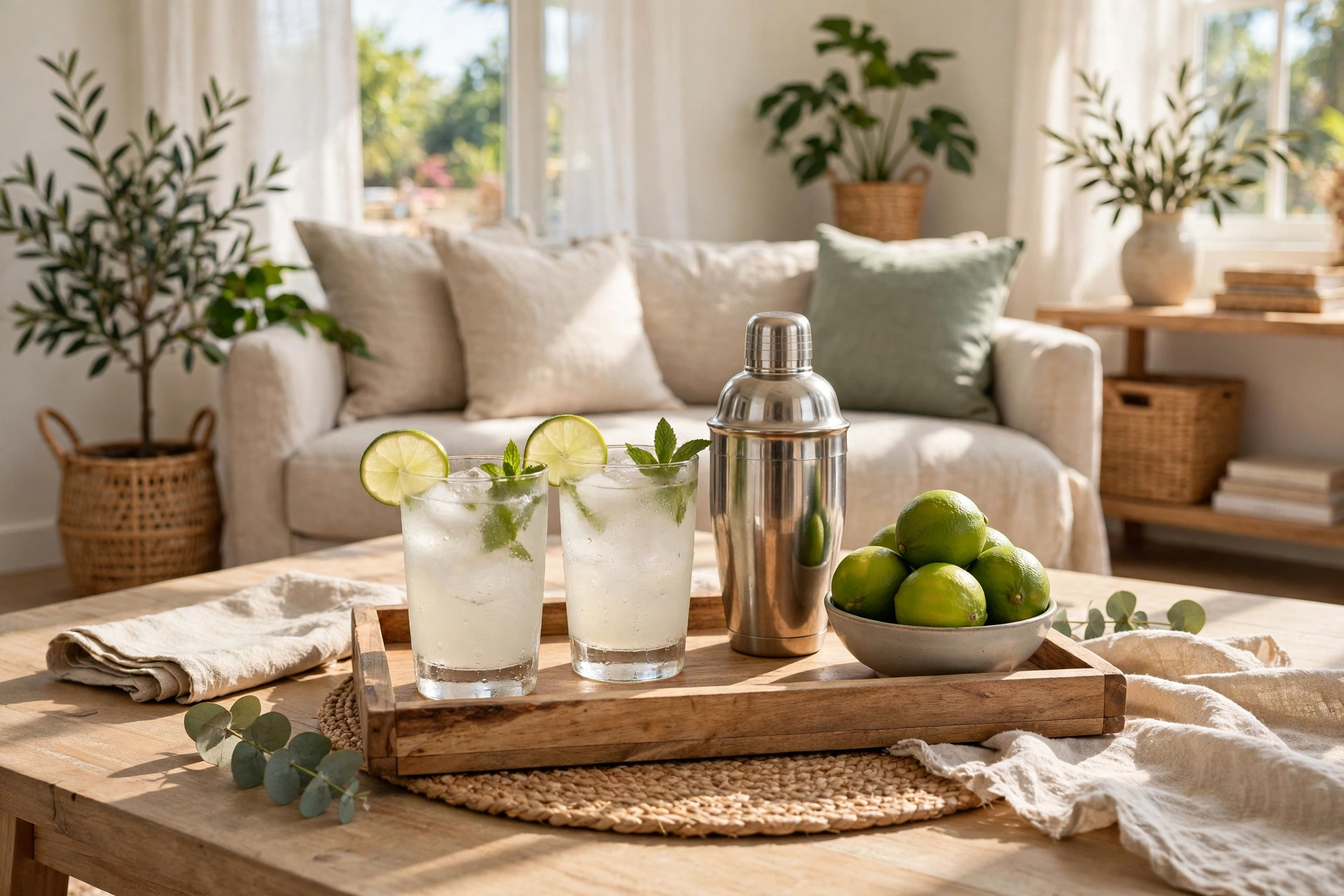 Small wooden tray with two cocktail glasses, a shaker, and a bowl of limes on a coffee table in a bright living room.