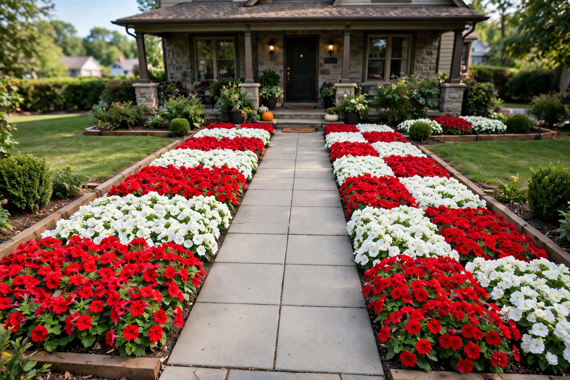 Bold blocks of red and white annual flowers planted along a front walkway.