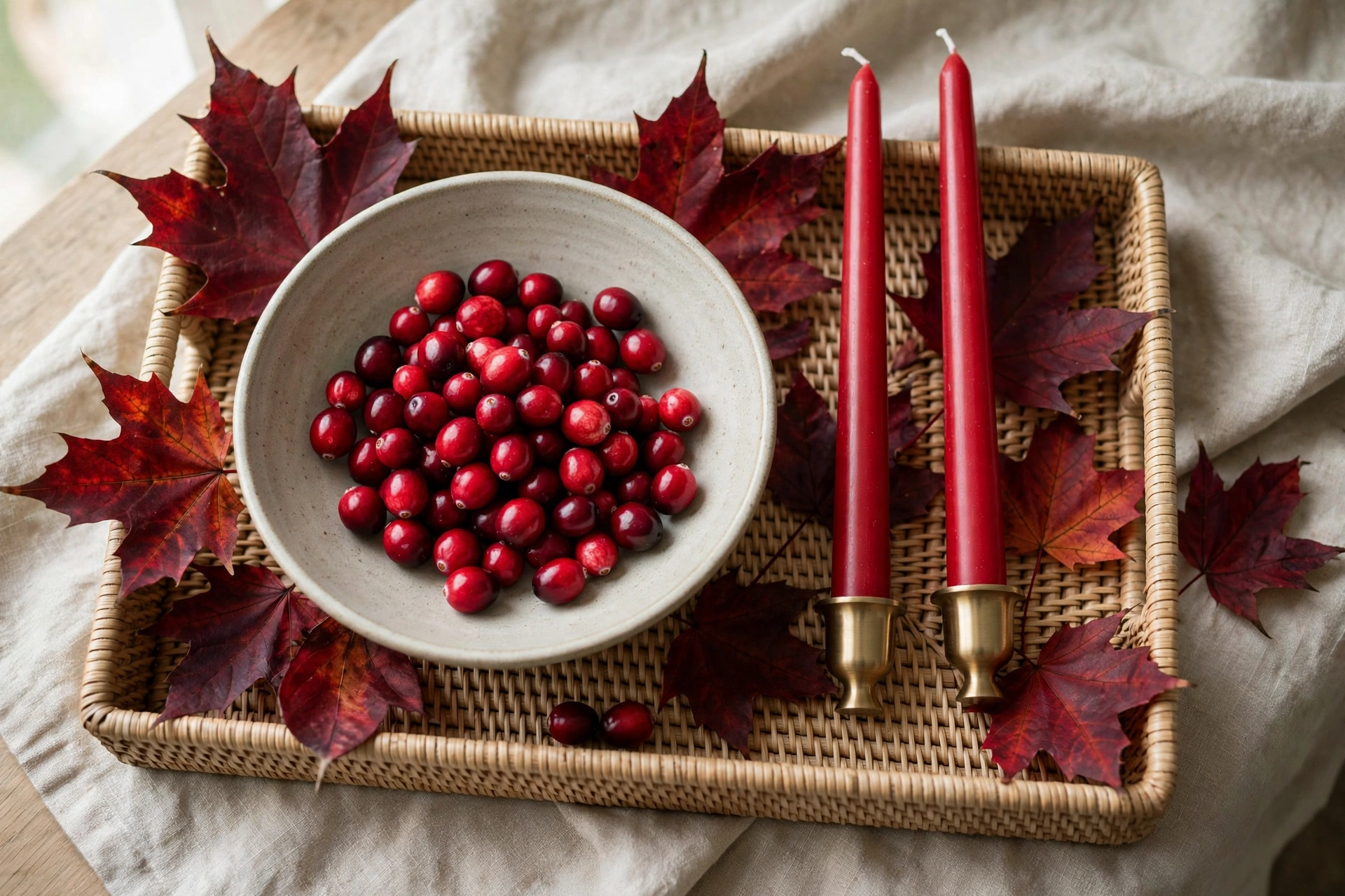 Neutral tray with a bowl of cranberries, red taper candles, and deep red fall leaves.