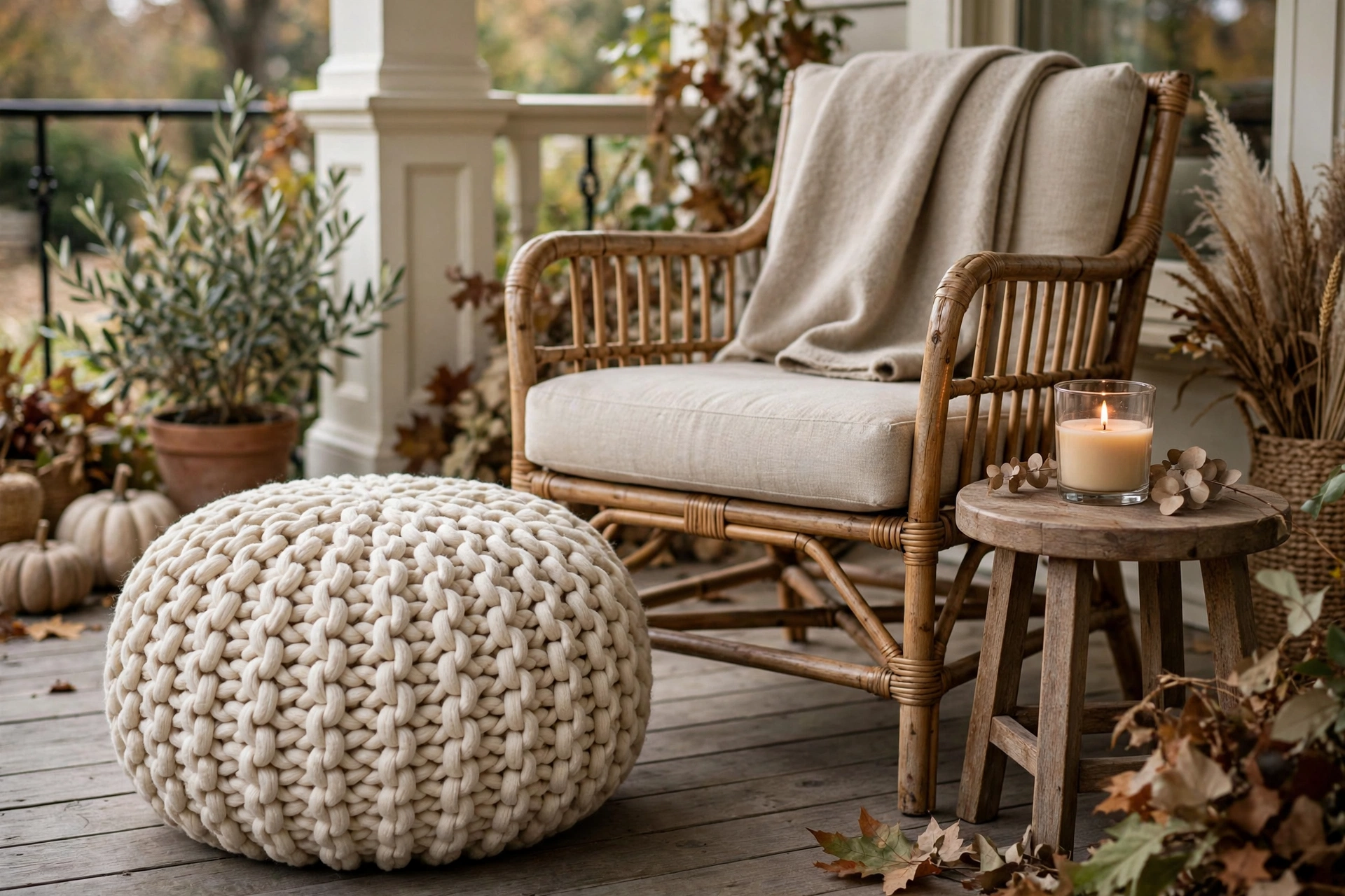 Cream chunky knit pouf beside a porch chair with a candle on a side table.