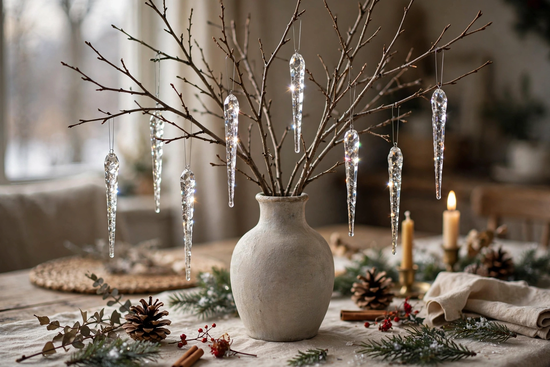 Bare branches in a vase hung with sparkling crystal icicle ornaments on a holiday table.