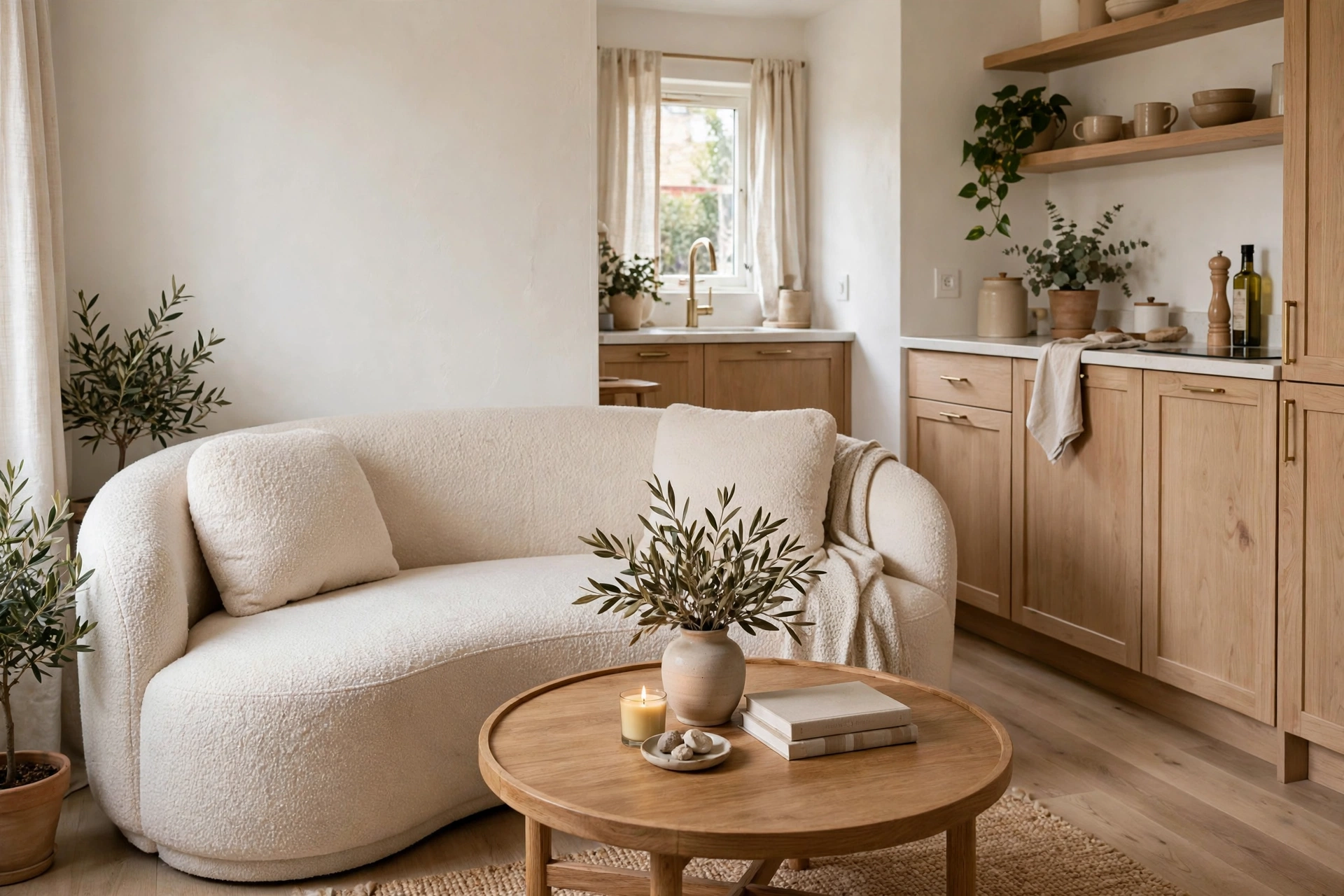 Curved boucle sofa and round coffee table in a tiny open plan living area.