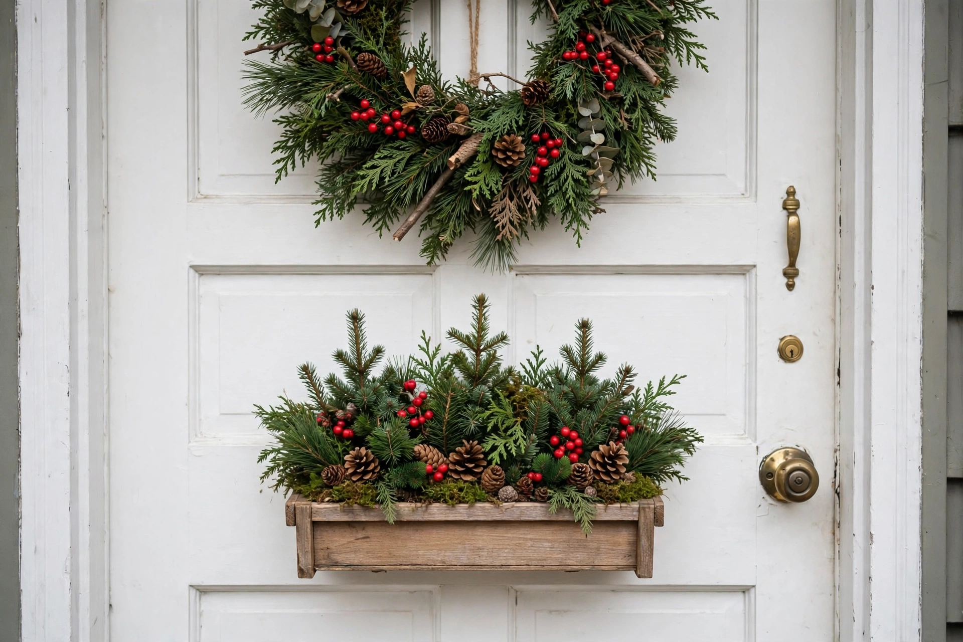Small wooden window box with mini evergreens, red berries, and pinecones mounted on a white apartment door under a wreath.