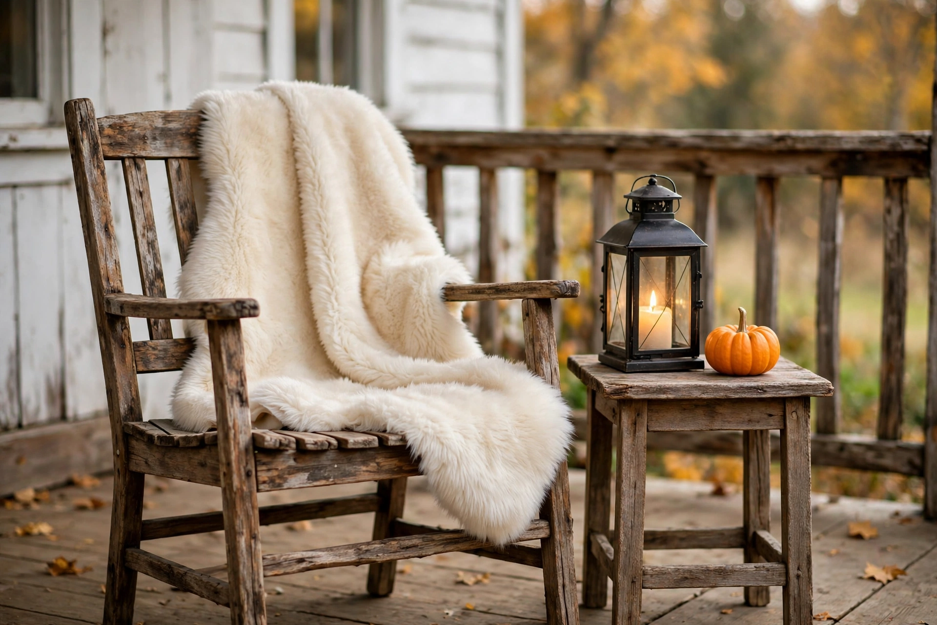 Porch chair with a cream faux fur throw and a lantern on a side table.