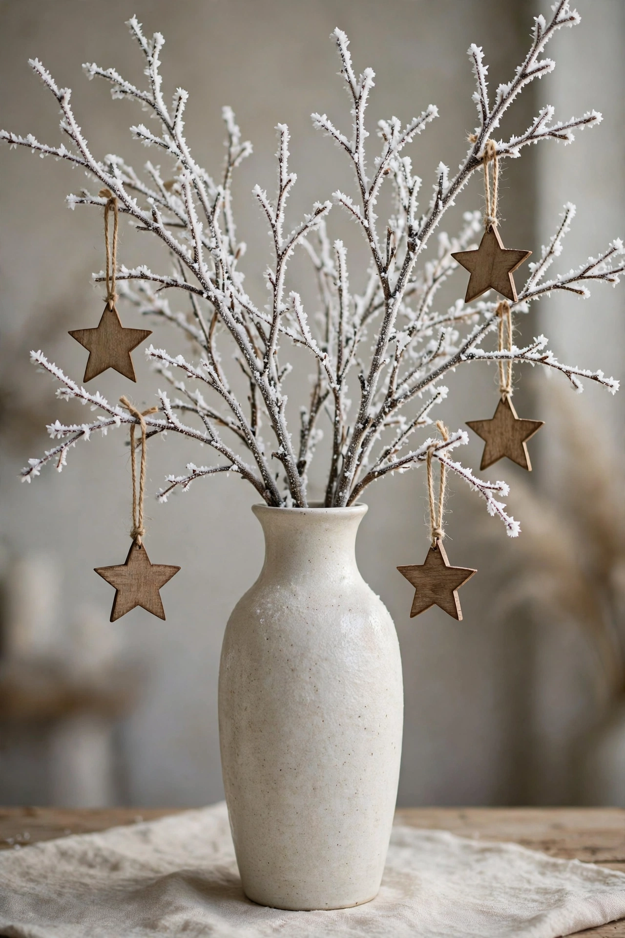Frosted white branches with hanging wooden stars in a tall ceramic vase.