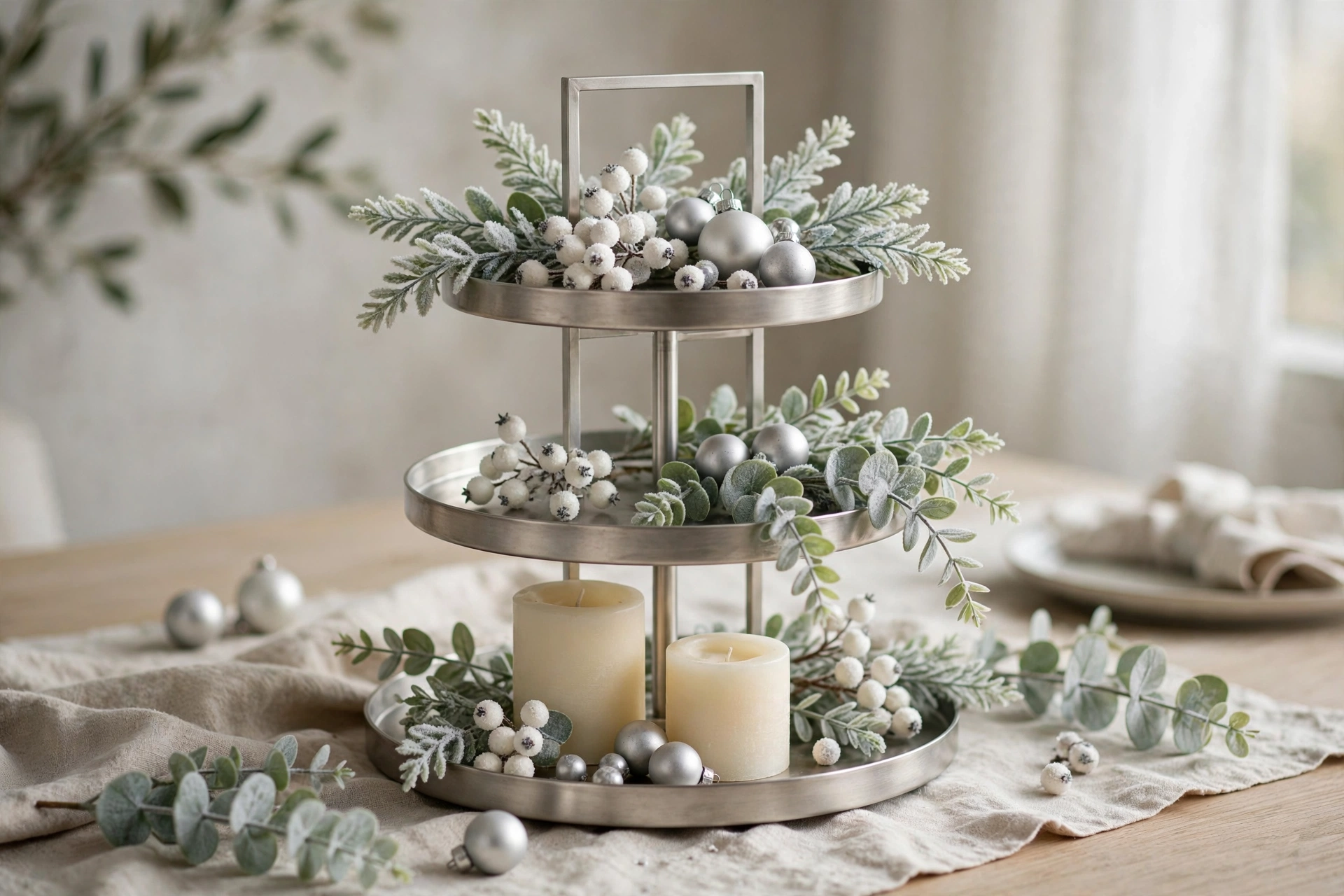Frosted eucalyptus tray — Christmas tiered tray idea