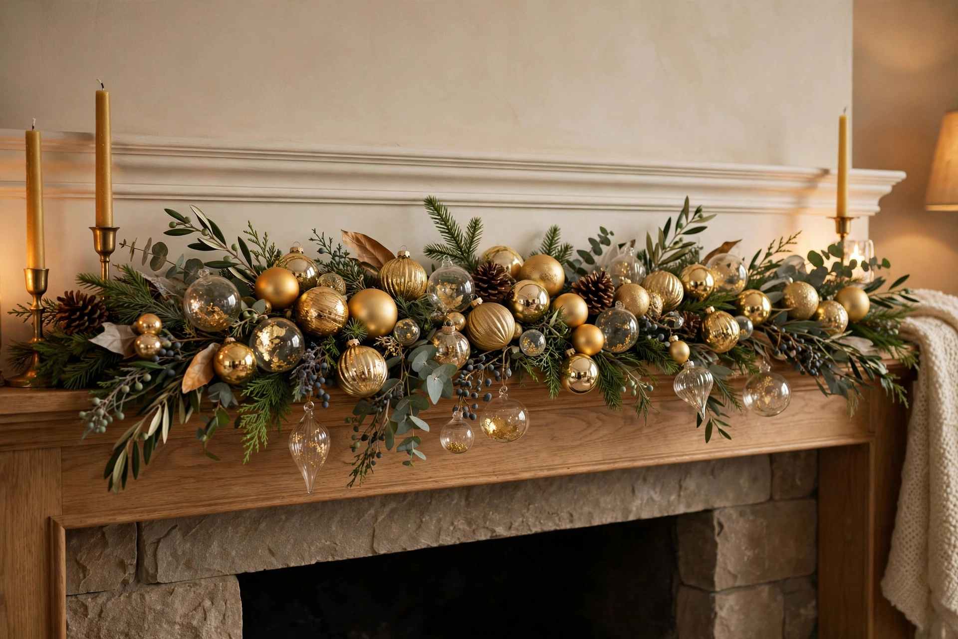 Gold and glass Christmas ornaments arranged in a runner on a mantel with greenery sprigs.